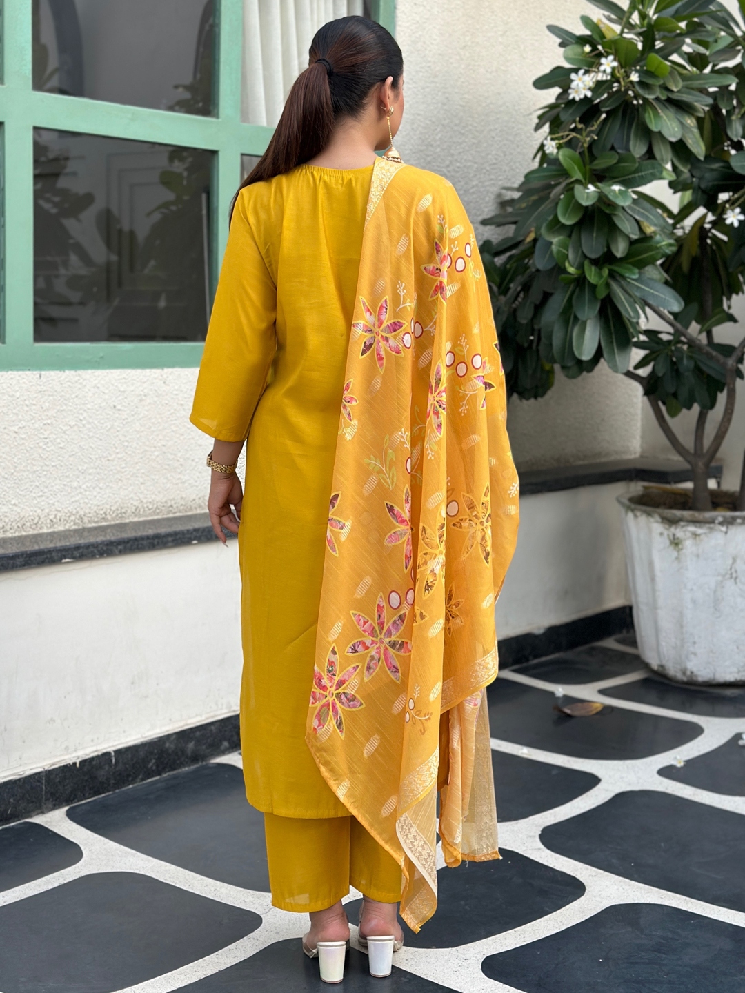 Yellow Floral Embroidered Silk Blend Straight Suit — alternate view
