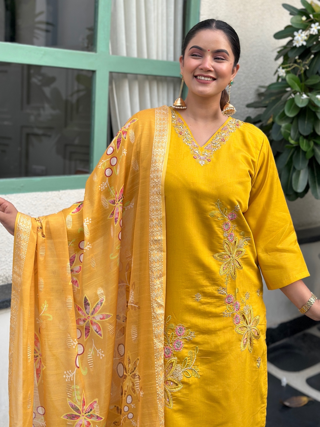 Yellow Floral Embroidered Silk Blend Straight Suit