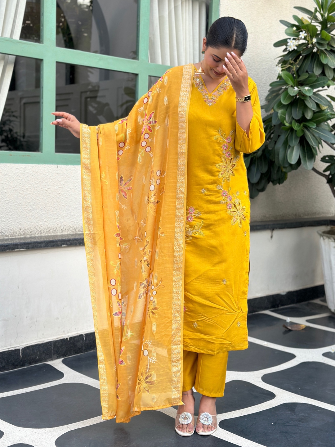 Yellow Floral Embroidered Silk Blend Straight Suit