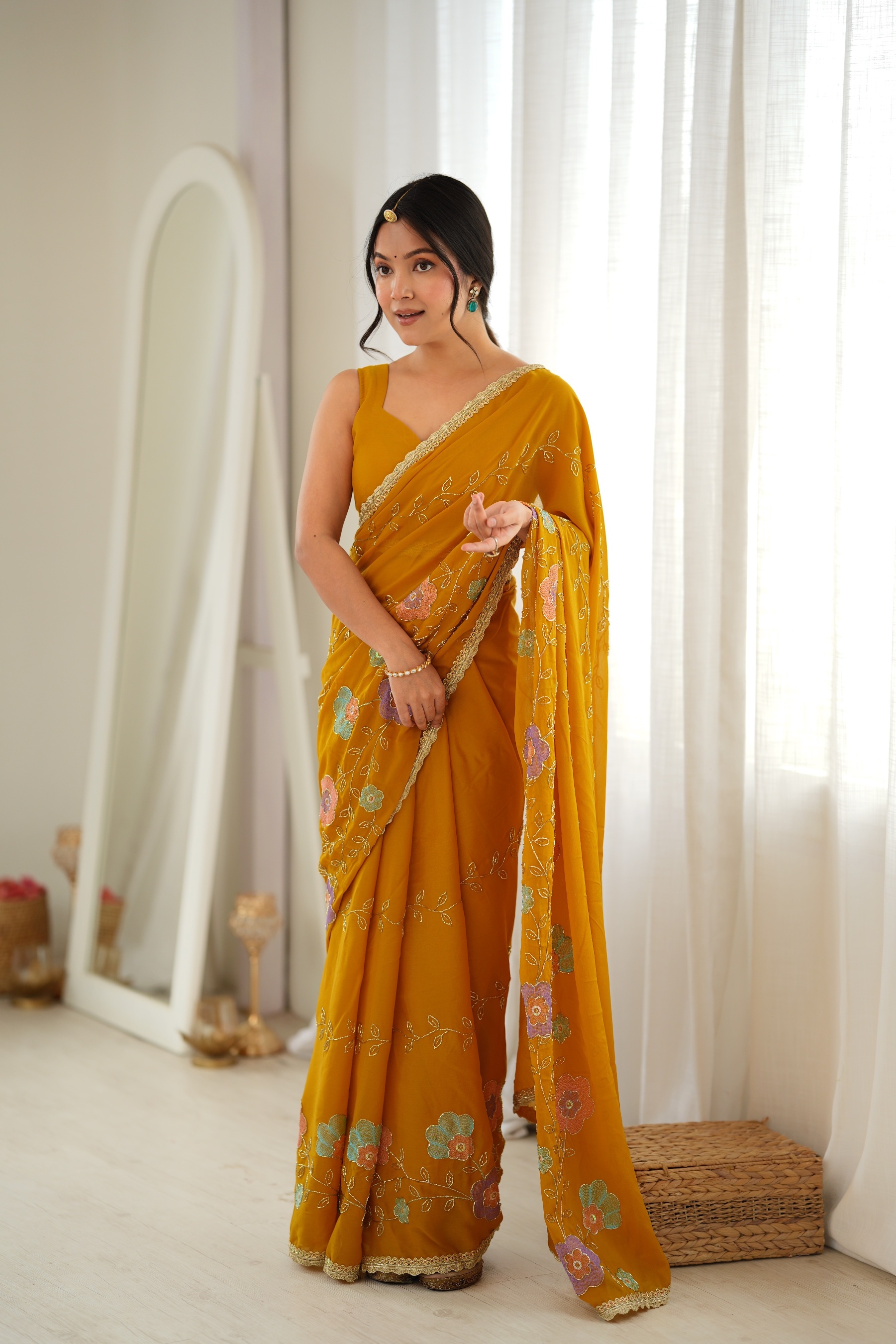 Yellow Floral Embroidered Star Georgette Saree