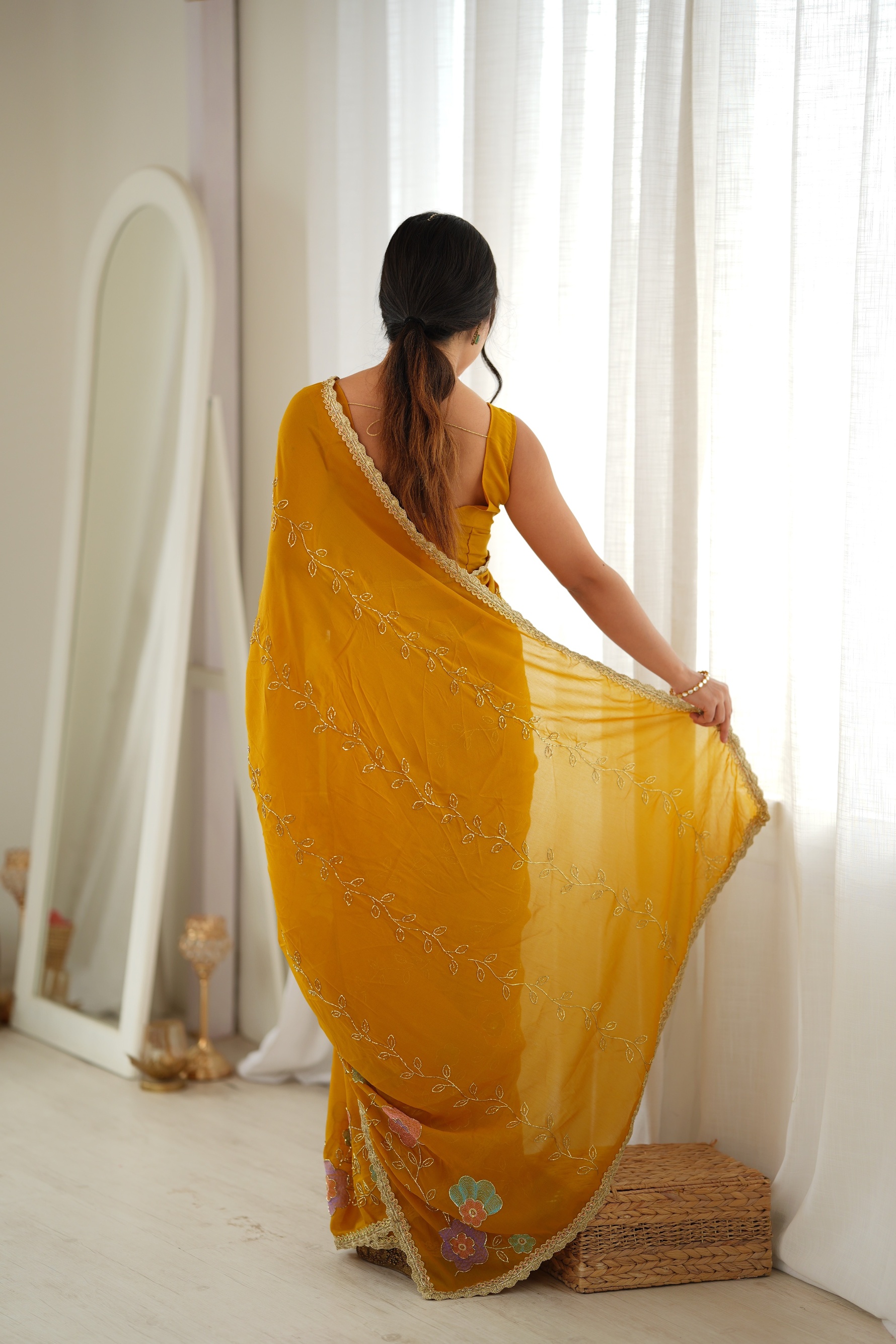 Yellow Floral Embroidered Star Georgette Saree — alternate view