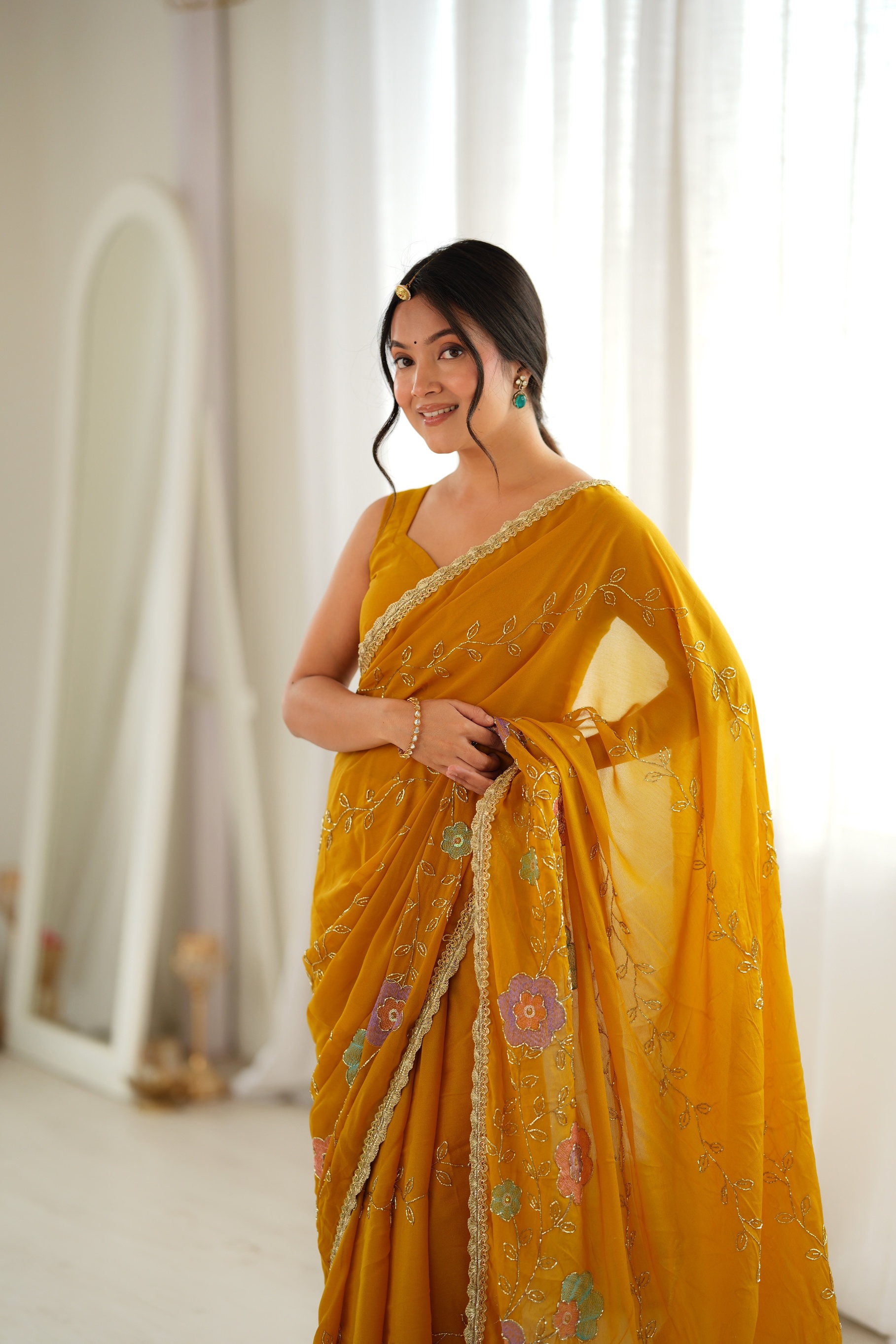 Yellow Floral Embroidered Star Georgette Saree
