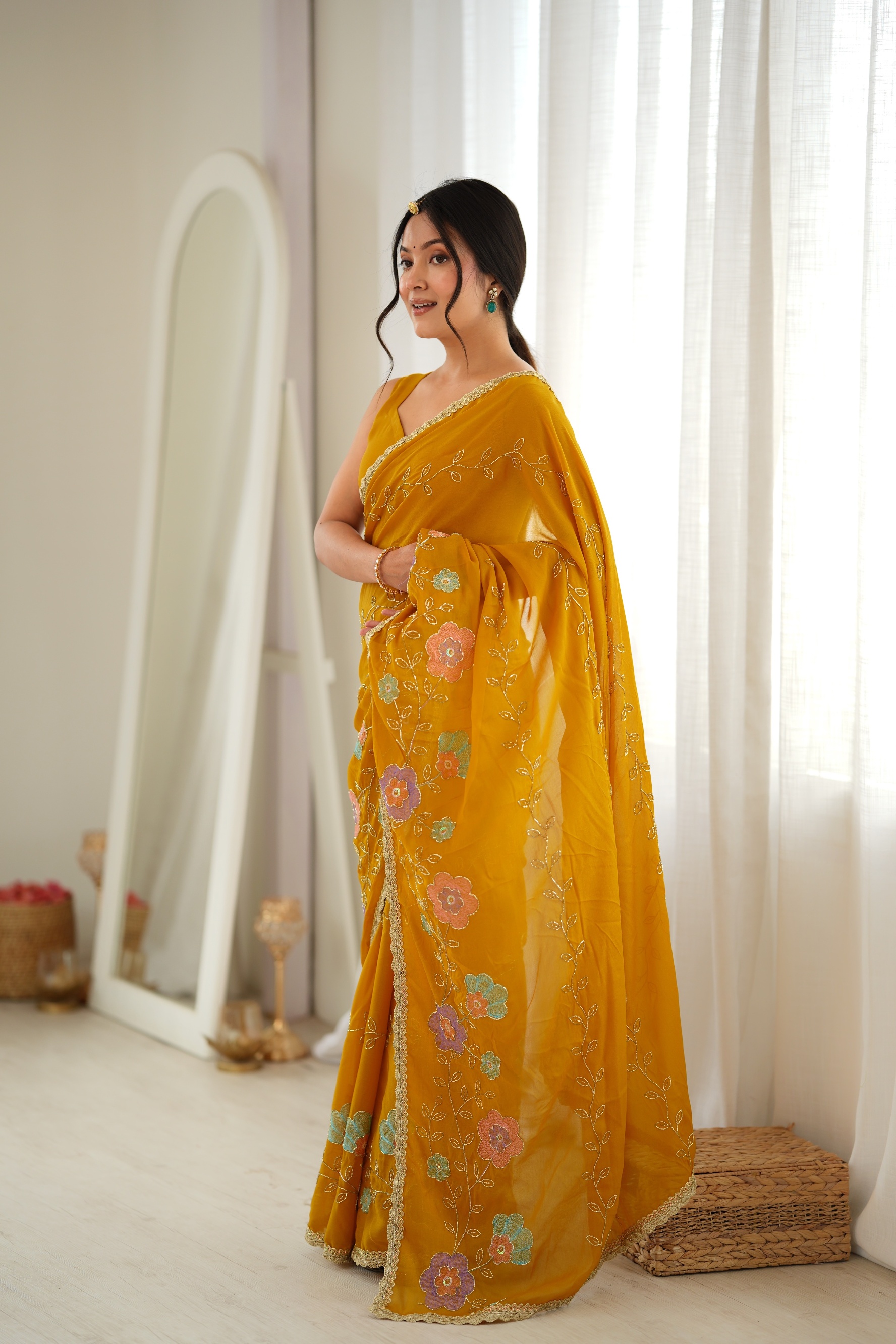 Yellow Floral Embroidered Star Georgette Saree