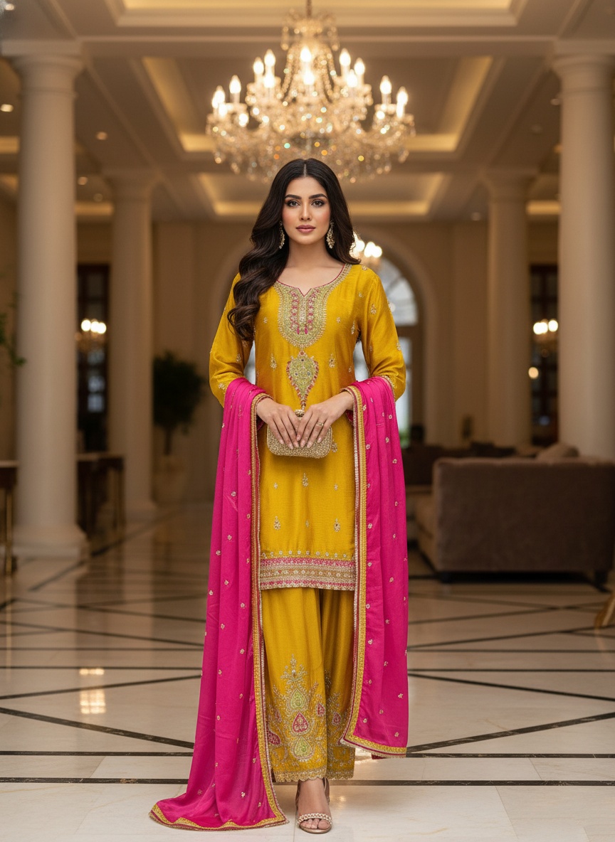 Yellow Floral Embroidery Chinon Palazzo Suit — alternate view