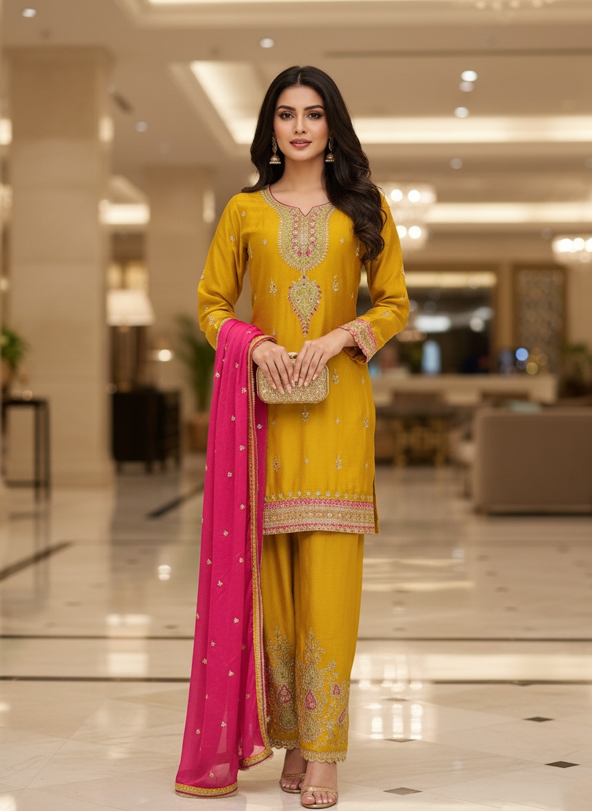 Yellow Floral Embroidery Chinon Palazzo Suit