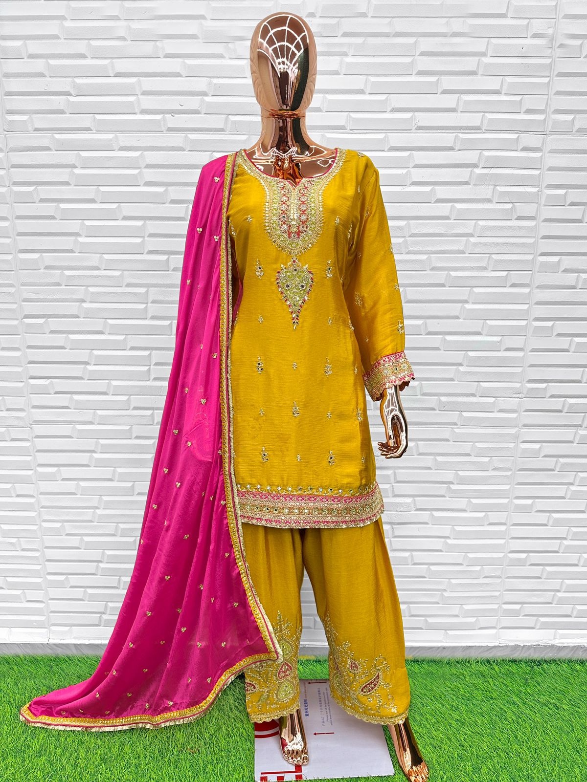 Yellow Floral Embroidery Chinon Palazzo Suit