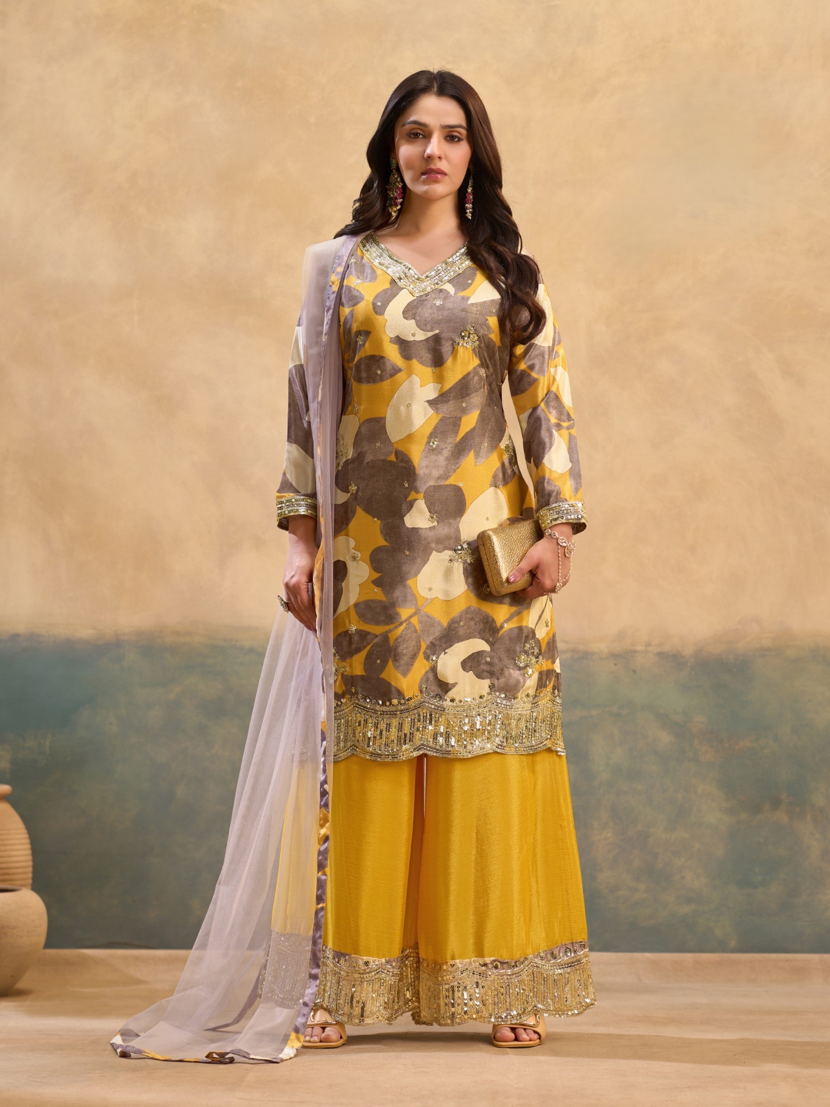 Yellow Floral Embroidery Chinon Palazzo Suit