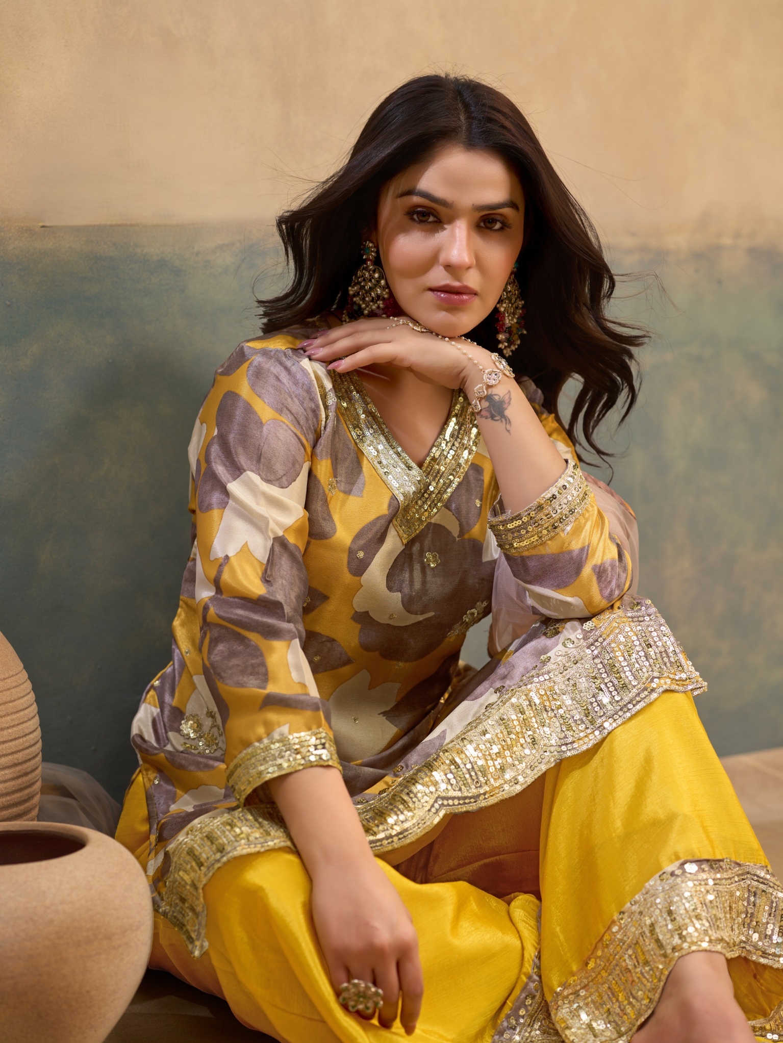 Yellow Floral Embroidery Chinon Palazzo Suit — alternate view