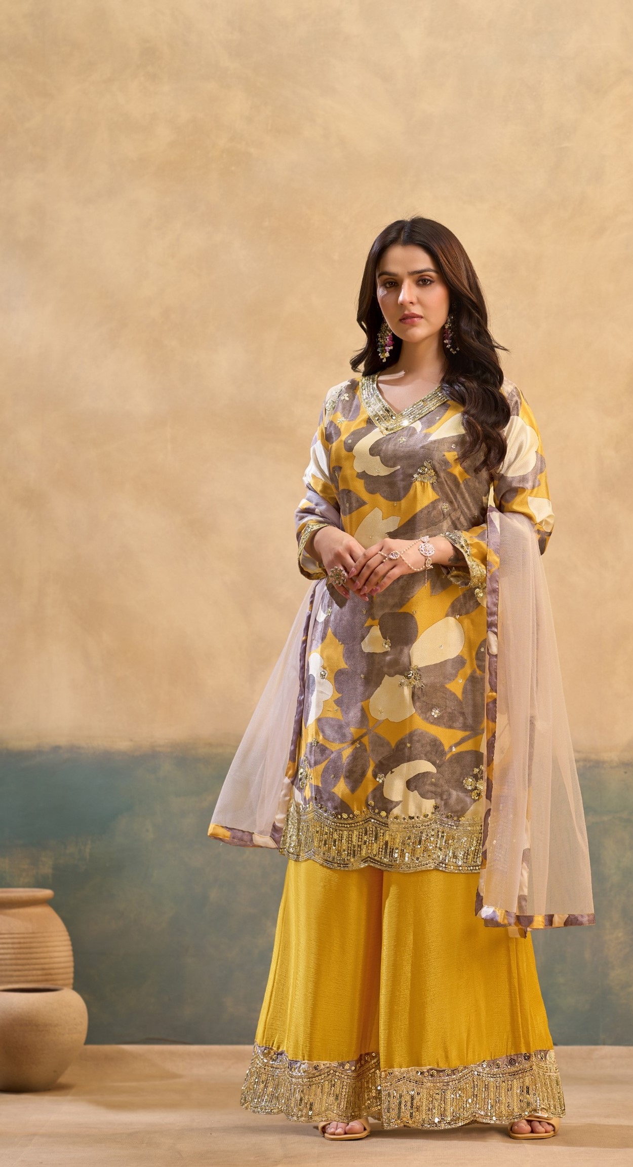 Yellow Floral Embroidery Chinon Palazzo Suit