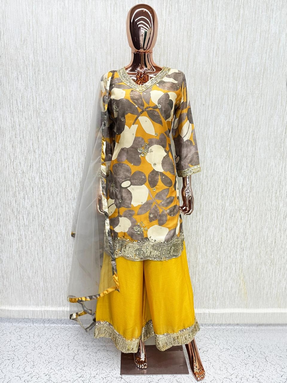 Yellow Floral Embroidery Chinon Palazzo Suit