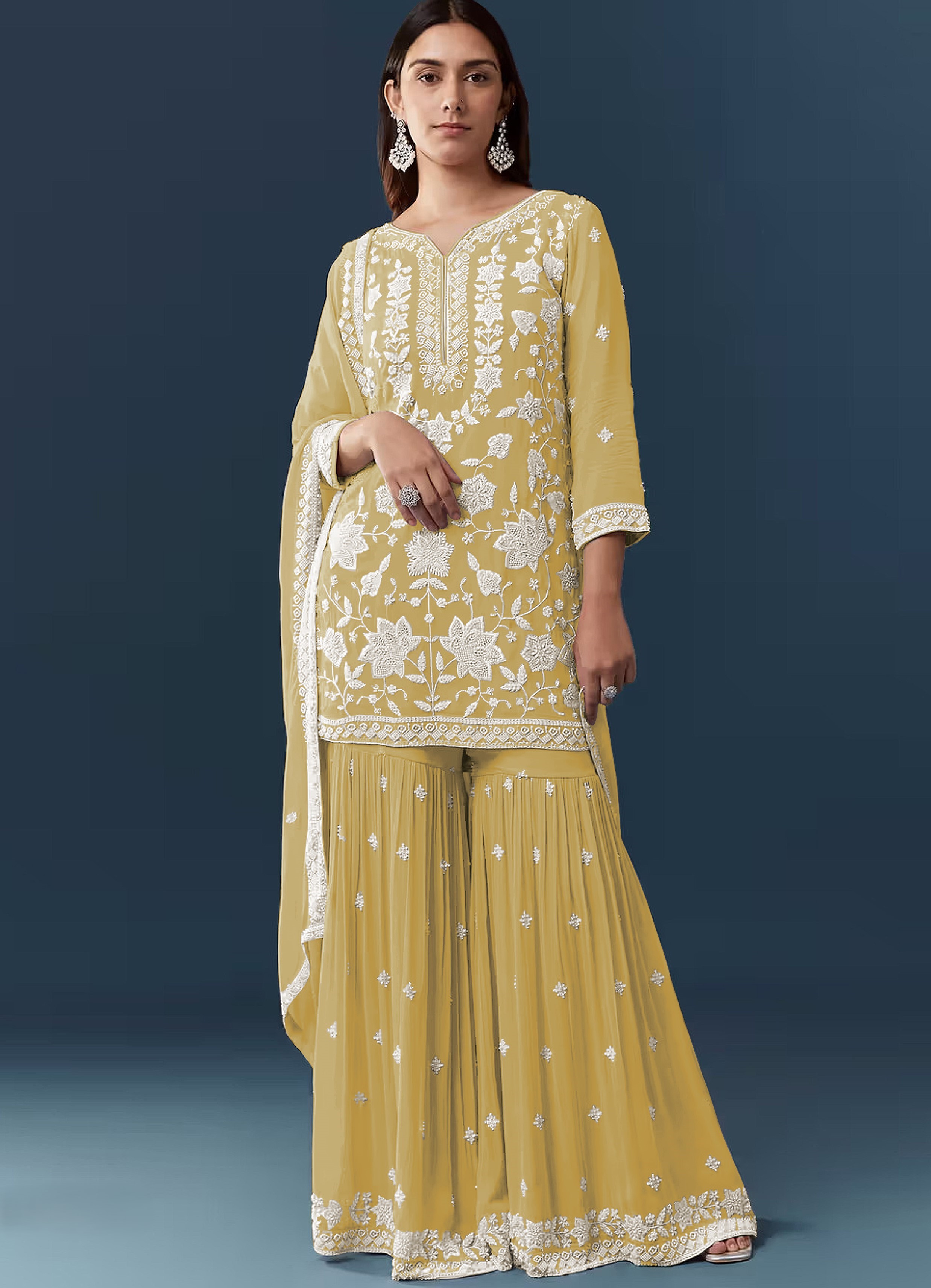 Yellow Floral Embroidery Georgette Sharara Suit