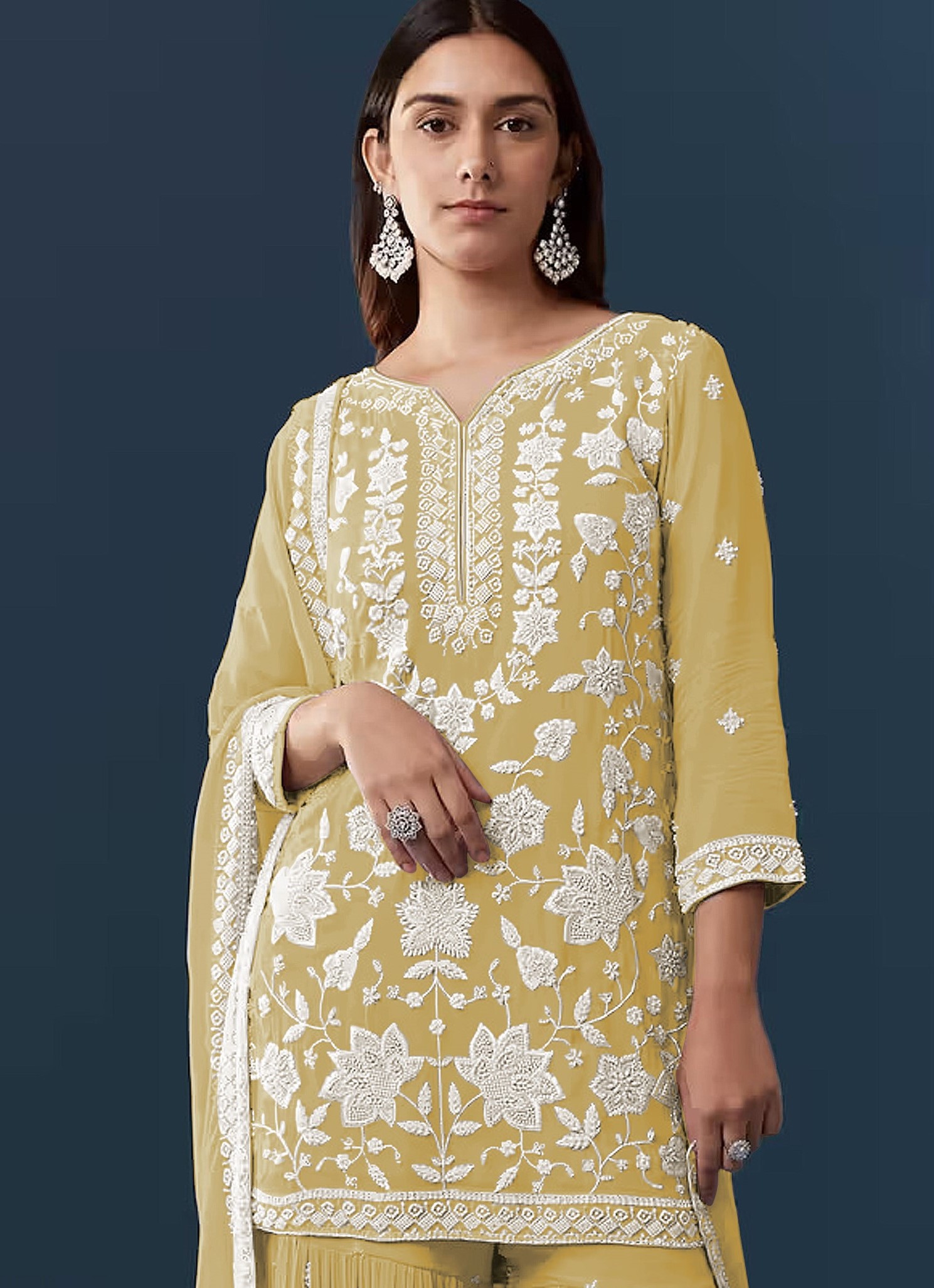 Yellow Floral Embroidery Georgette Sharara Suit — alternate view