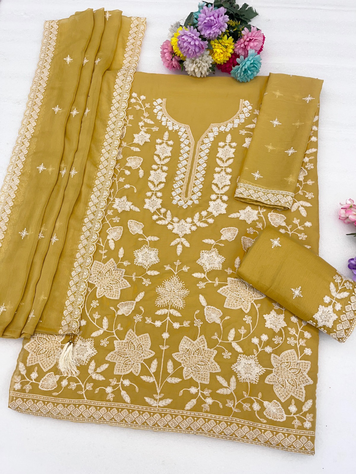 Yellow Floral Embroidery Georgette Sharara Suit