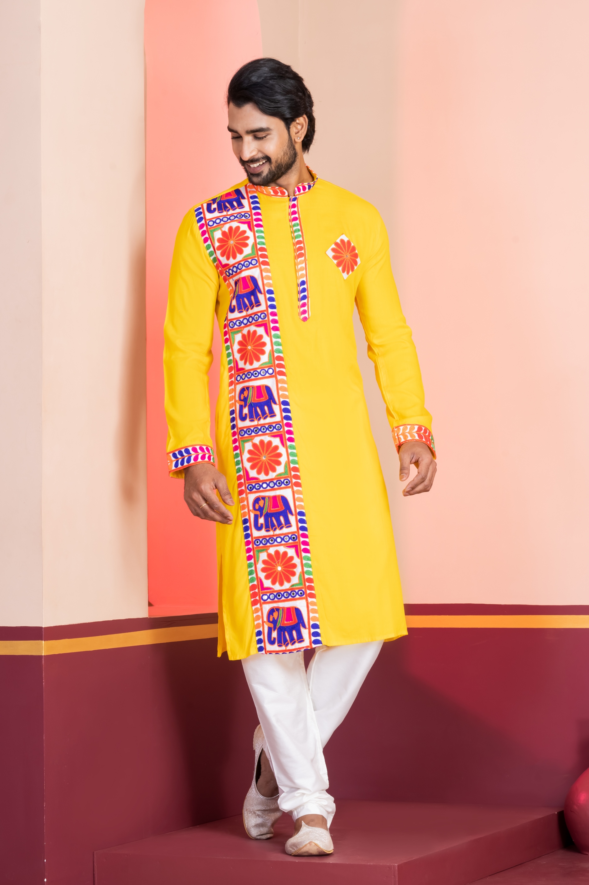 Yellow Floral Embroidery Rayon Kurta Pyjama