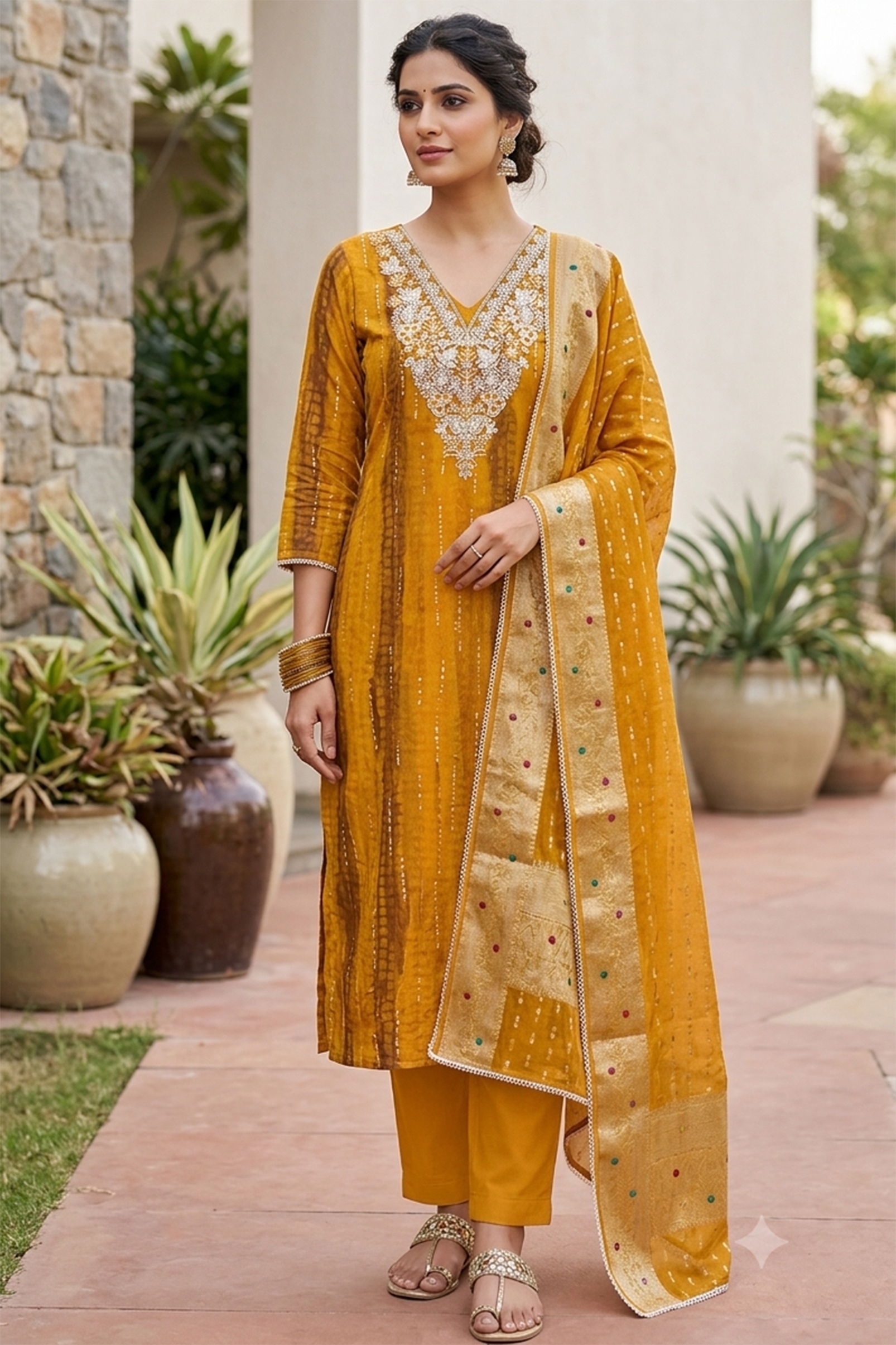 Yellow Floral Hand Work Modal Cotton Straight Suit