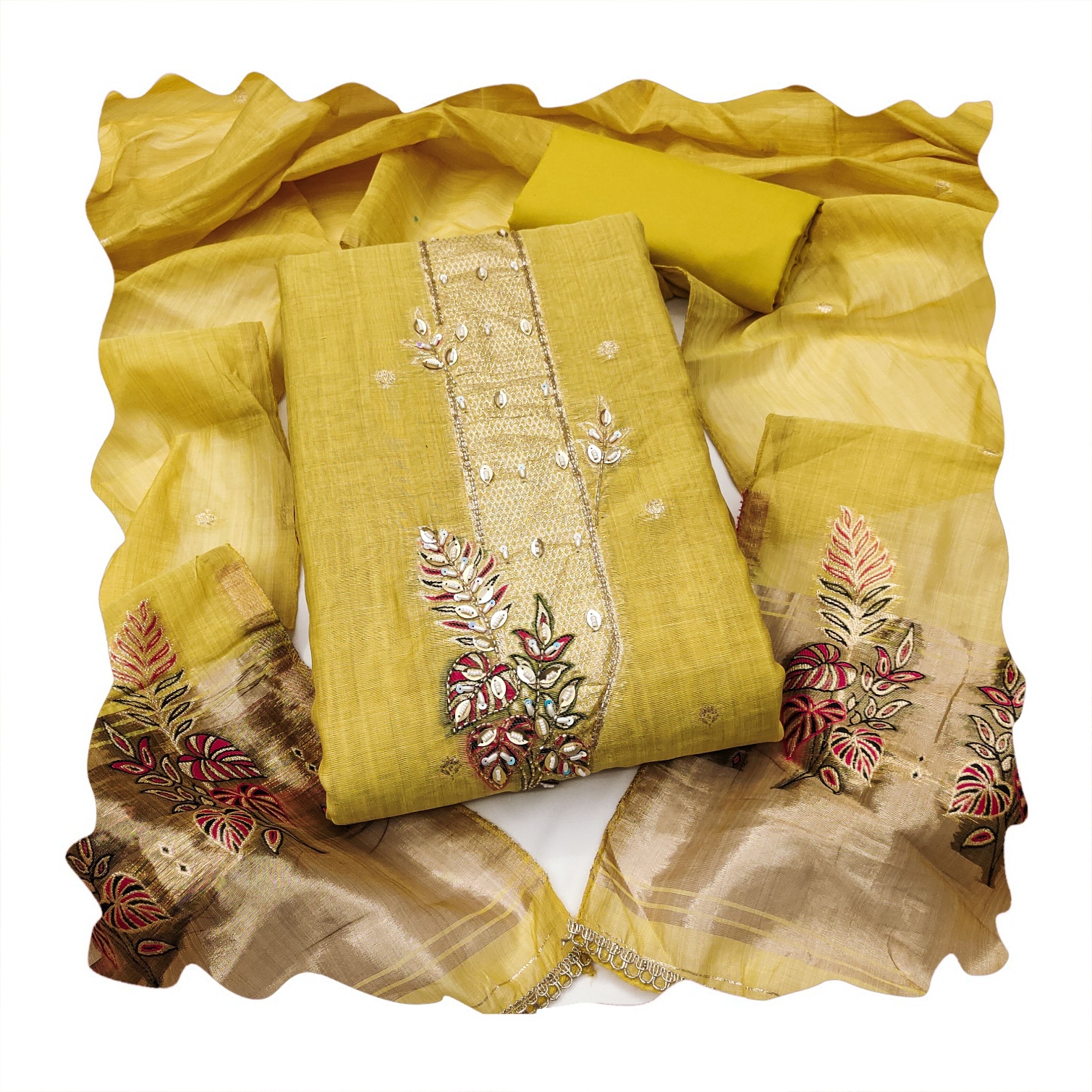 Yellow Floral Handwork Banarasi Cotton Straight Suit — alternate view