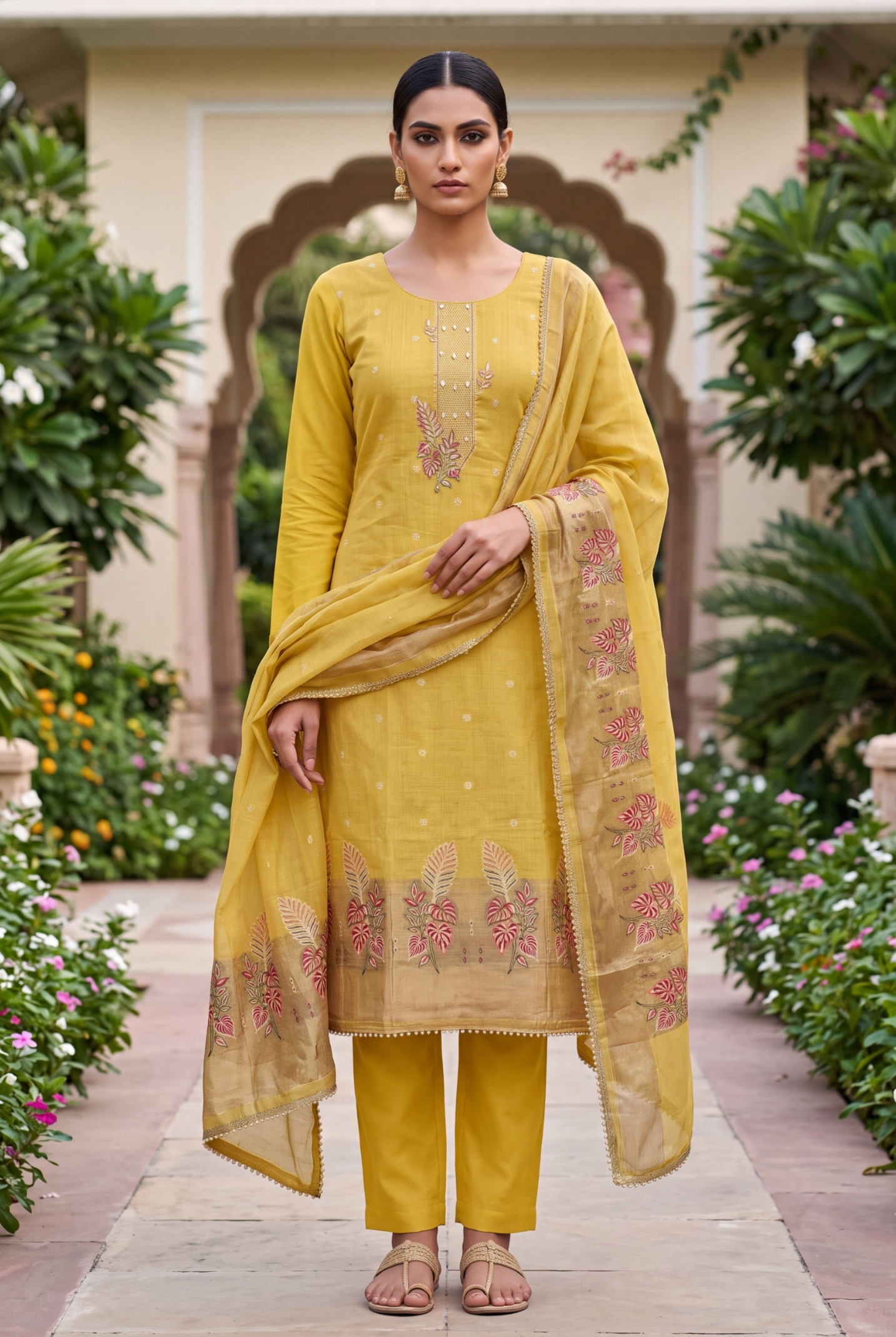 Yellow Floral Handwork Banarasi Cotton Straight Suit