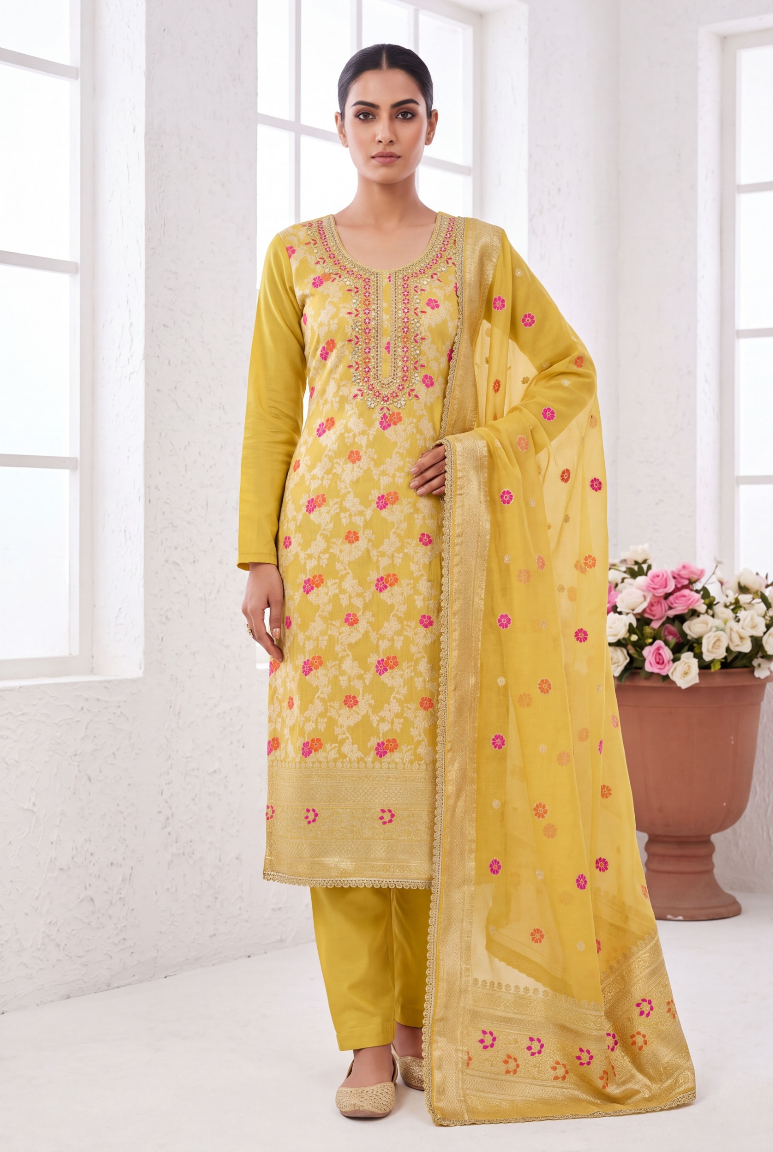 Yellow Floral Handwork Banarasi Cotton Straight Suit