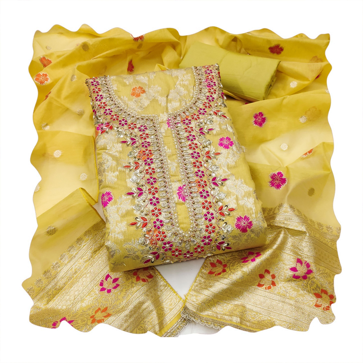 Yellow Floral Handwork Banarasi Cotton Straight Suit — alternate view