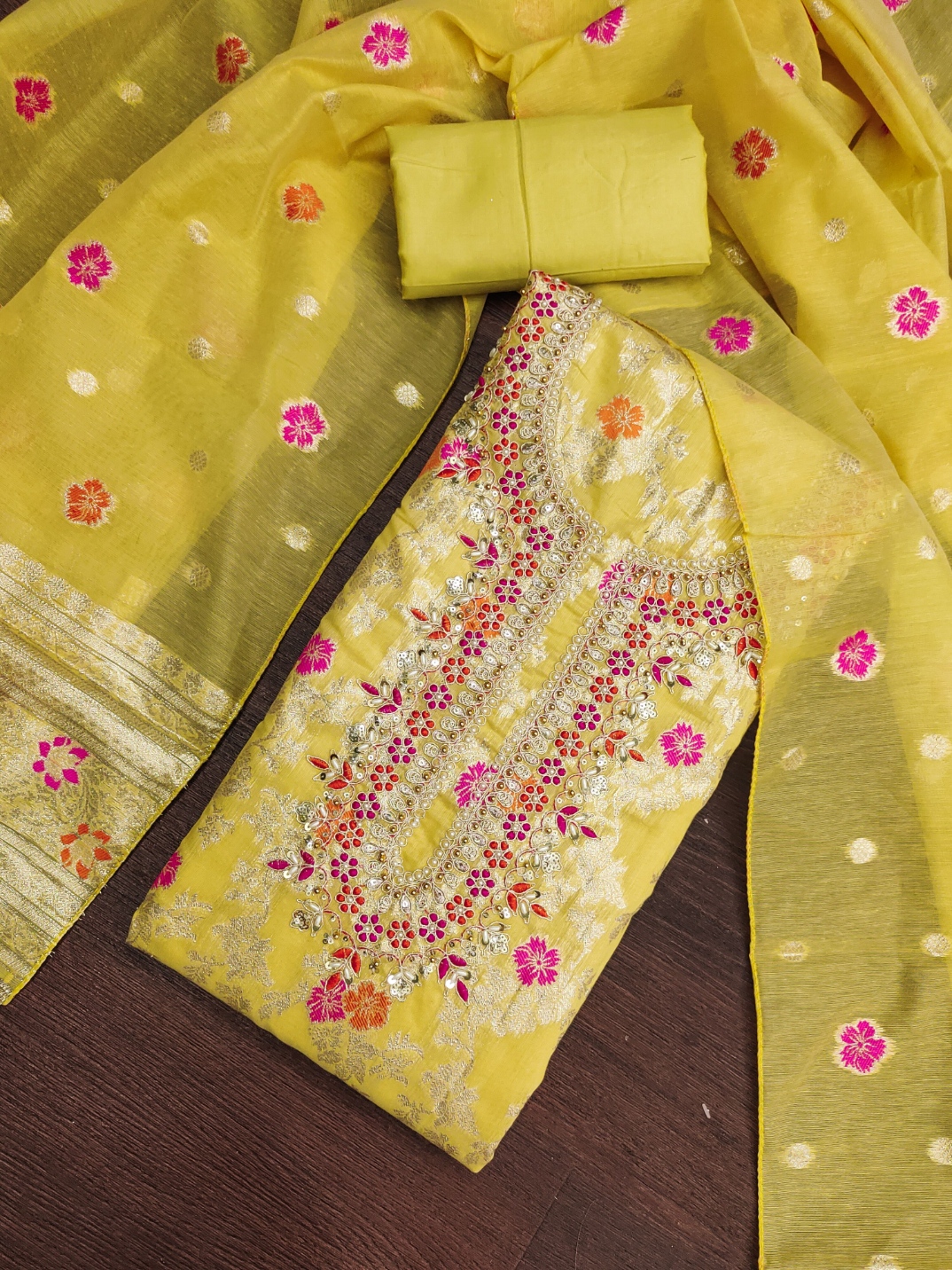 Yellow Floral Handwork Banarasi Cotton Straight Suit