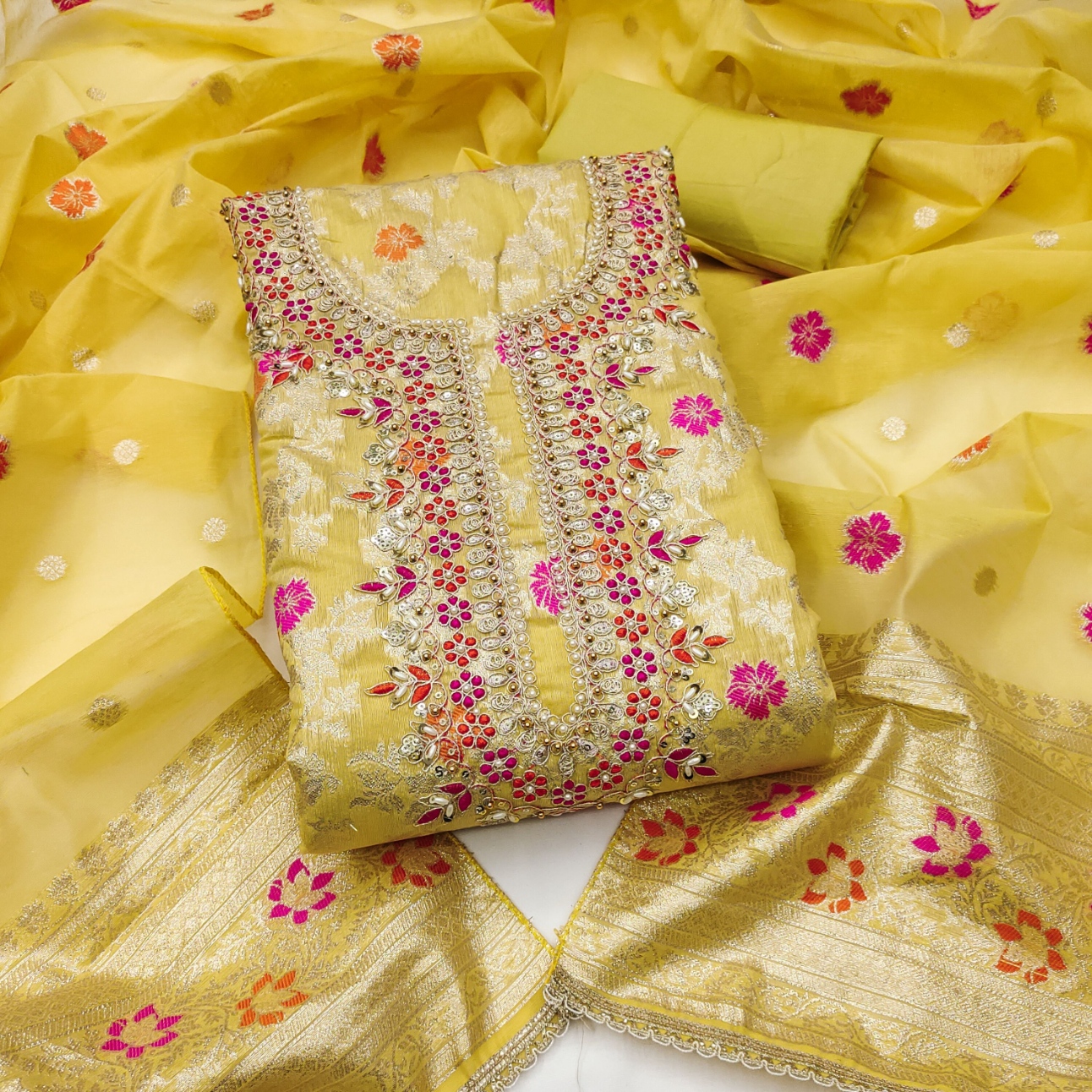 Yellow Floral Handwork Banarasi Cotton Straight Suit