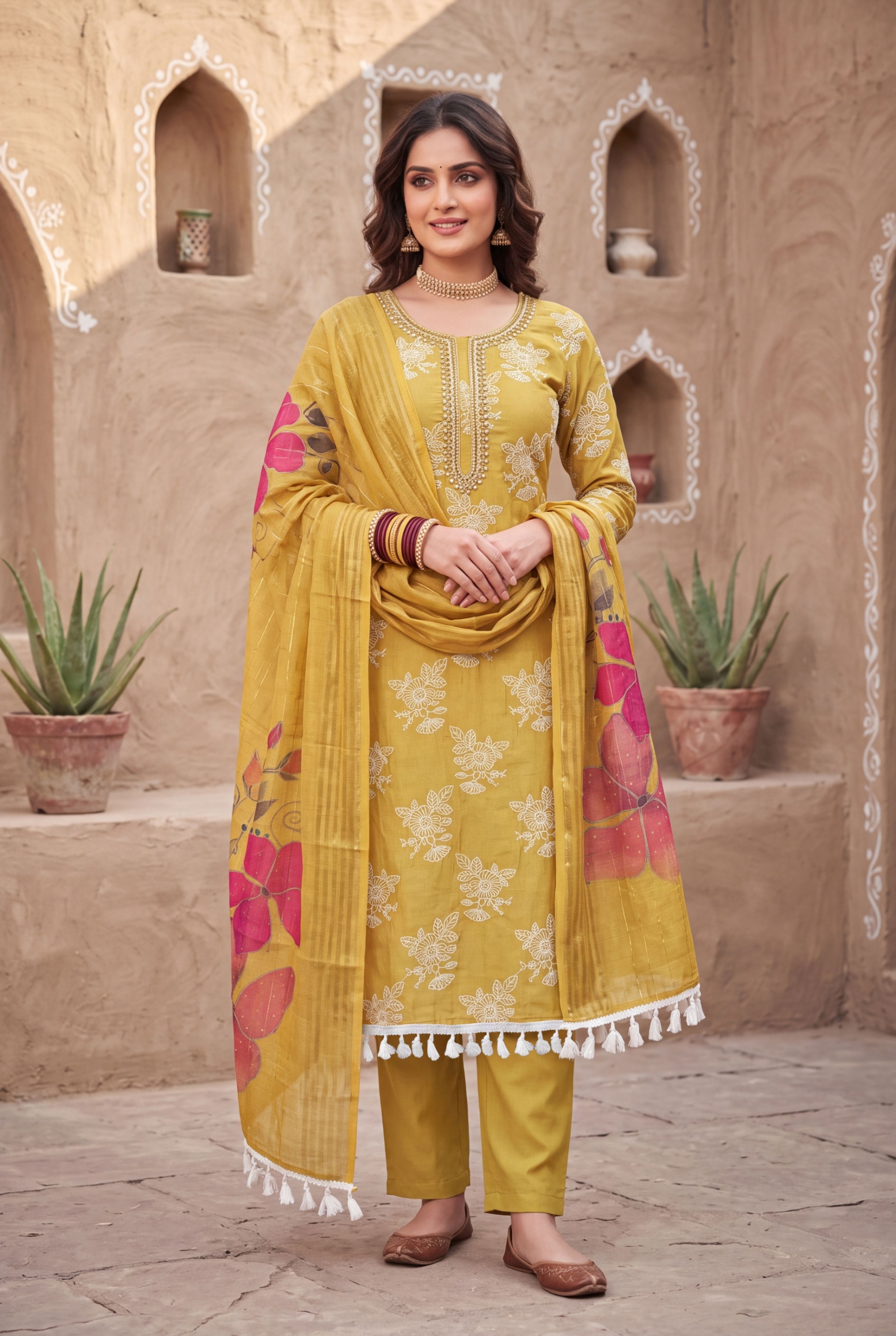 Yellow Floral Handwork Cotton Silk Straight Suit