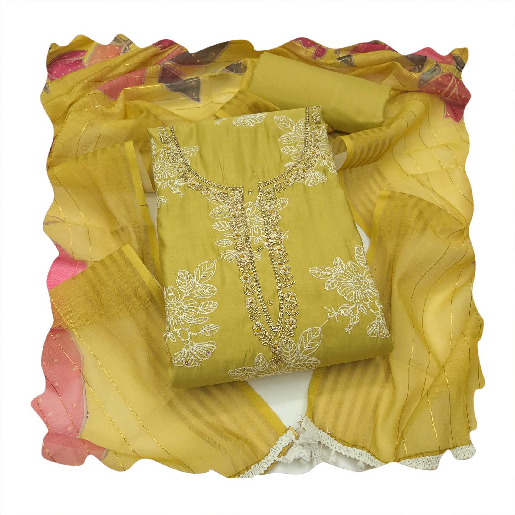 Yellow Floral Handwork Cotton Silk Straight Suit — alternate view