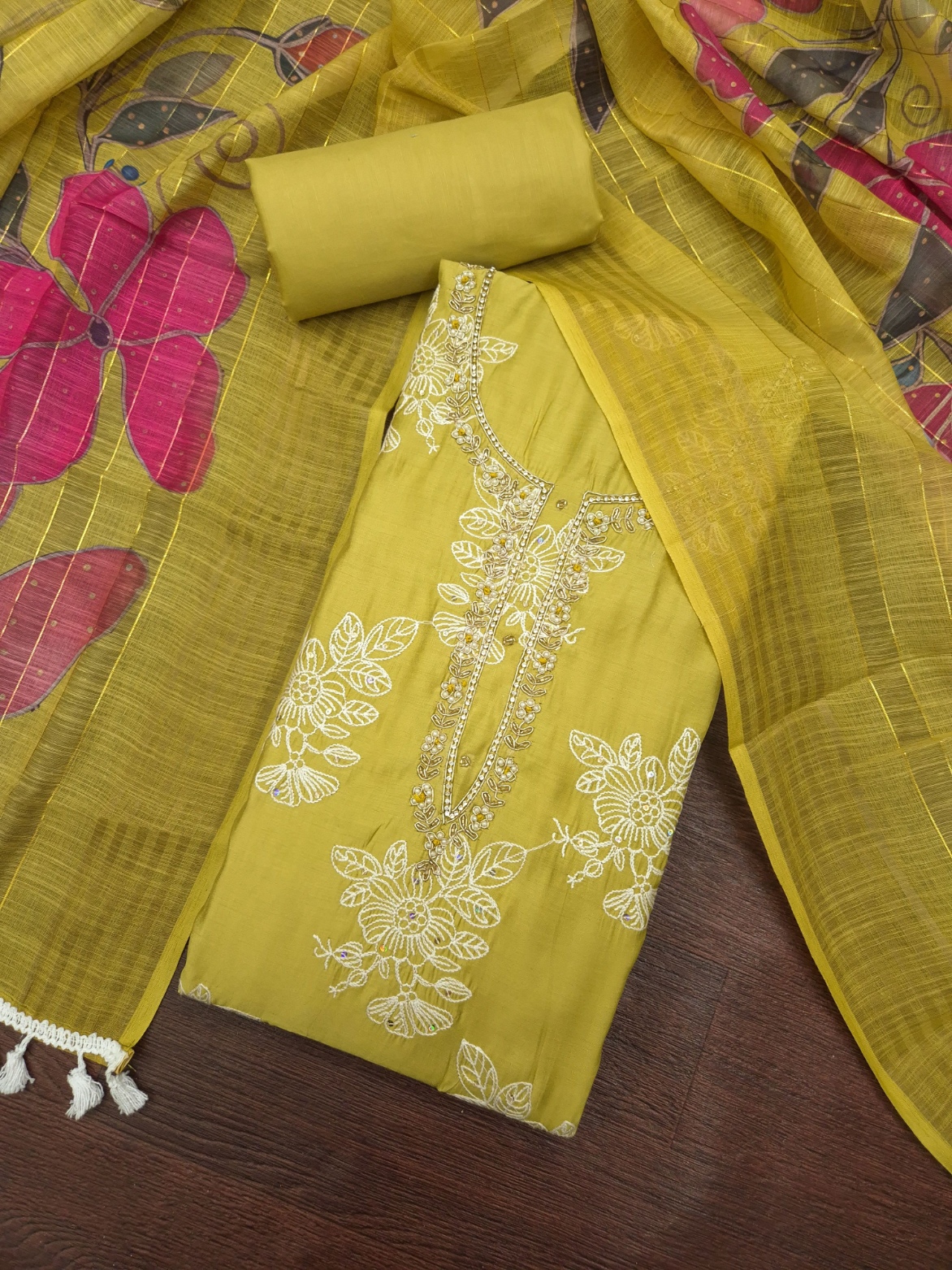 Yellow Floral Handwork Cotton Silk Straight Suit