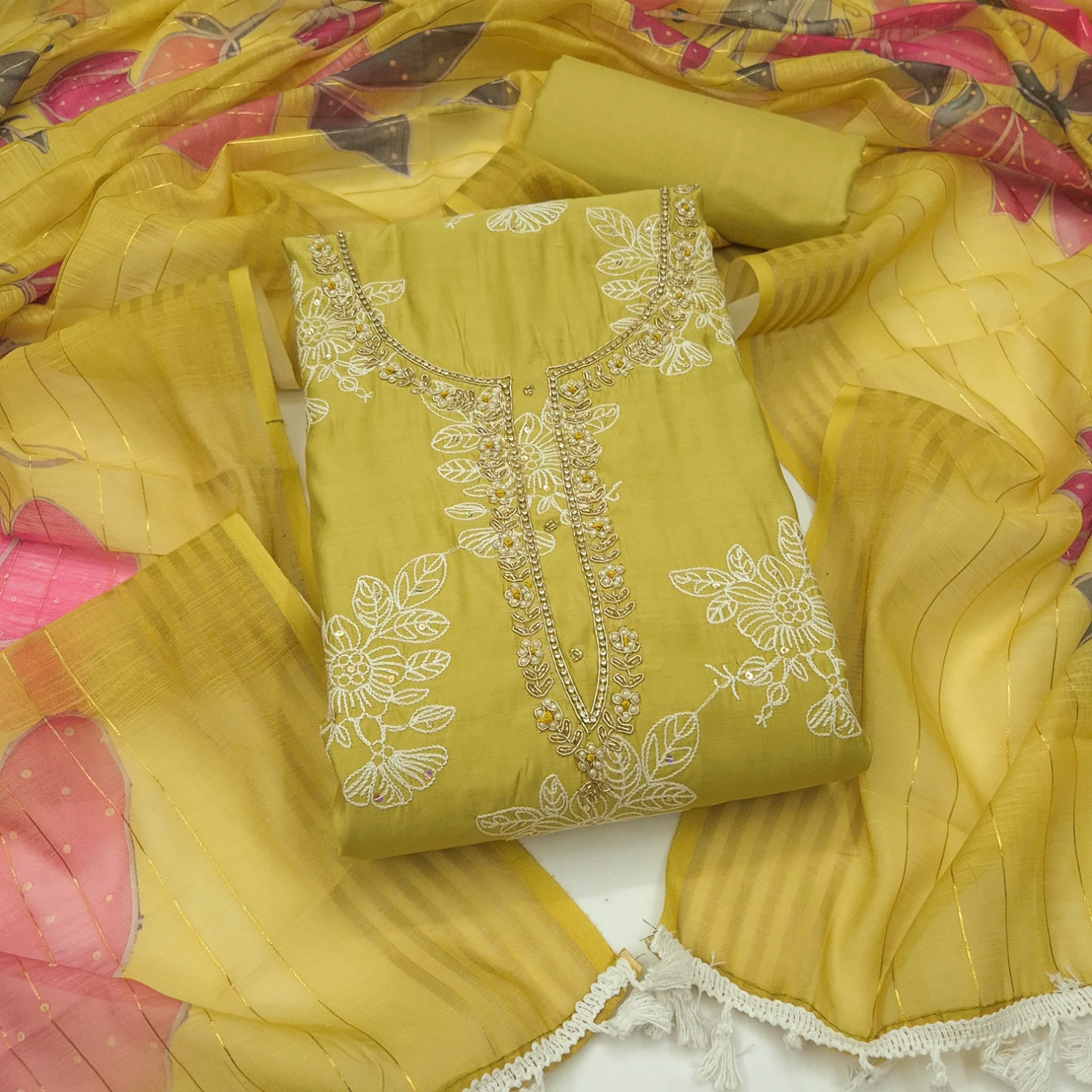 Yellow Floral Handwork Cotton Silk Straight Suit