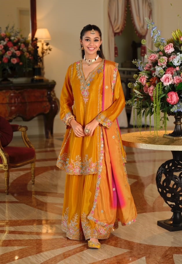 Yellow Floral Heavy Embroidery Chinon Palazzo Suit