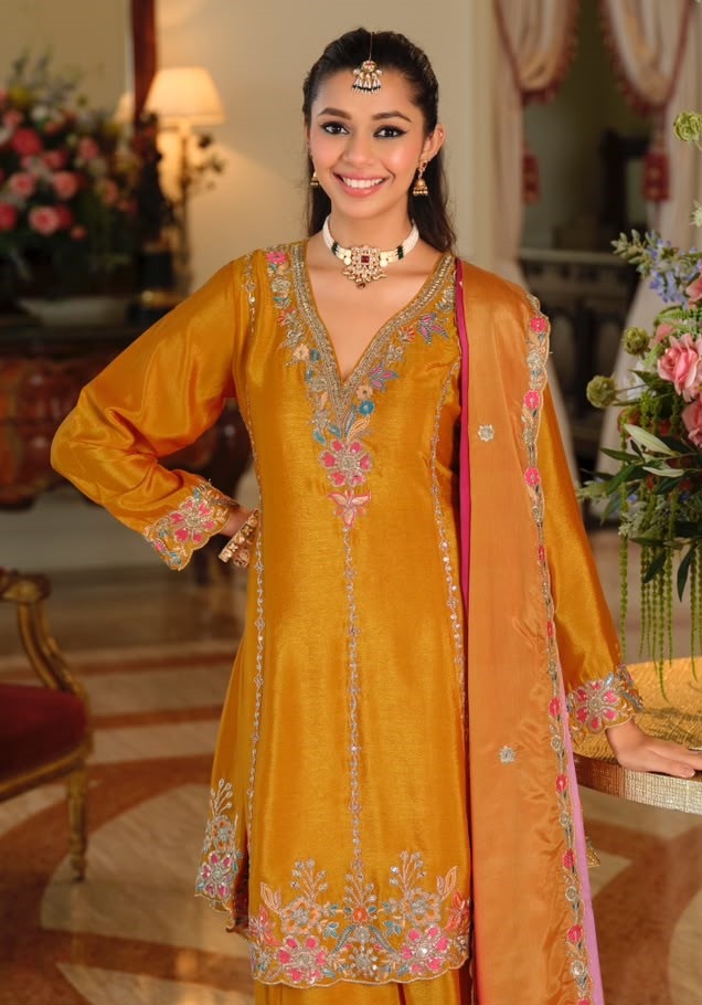 Yellow Floral Heavy Embroidery Chinon Palazzo Suit