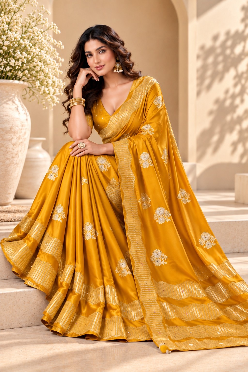Yellow Floral Jacquard Satin Tissue Saree