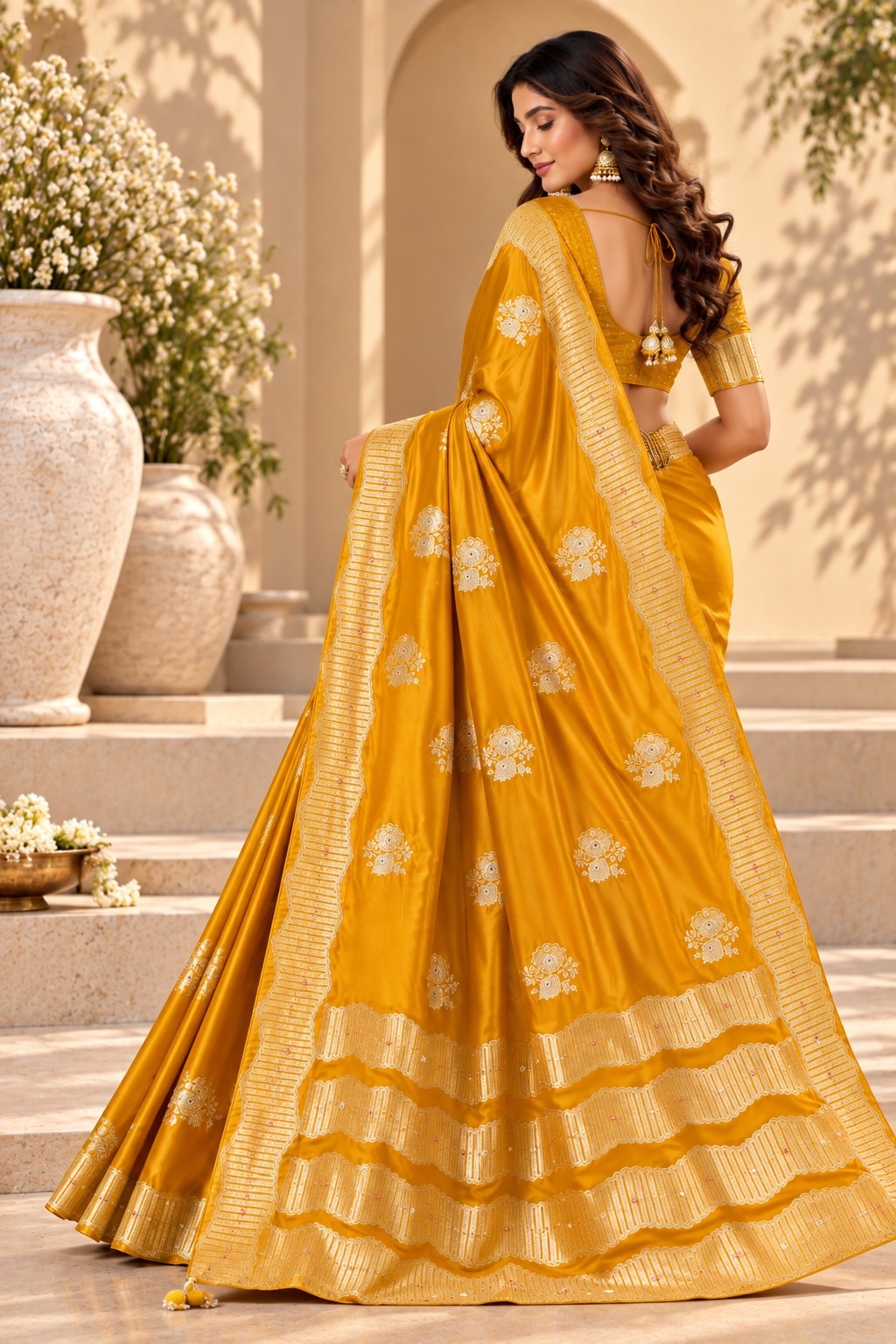 Yellow Floral Jacquard Satin Tissue Saree — alternate view