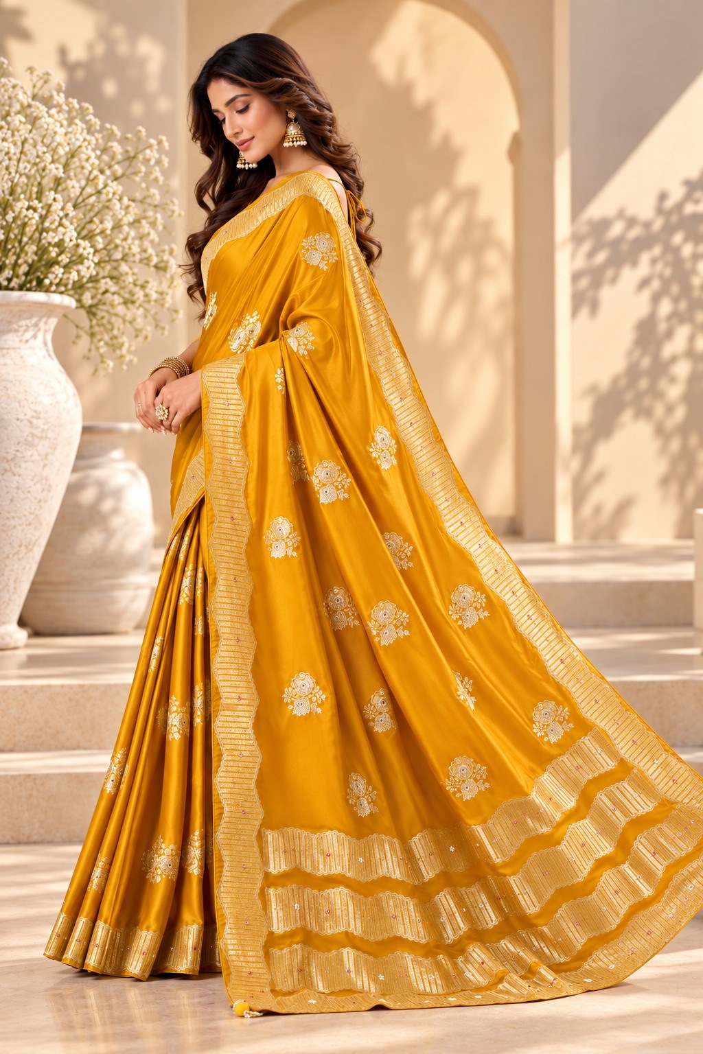 Yellow Floral Jacquard Satin Tissue Saree