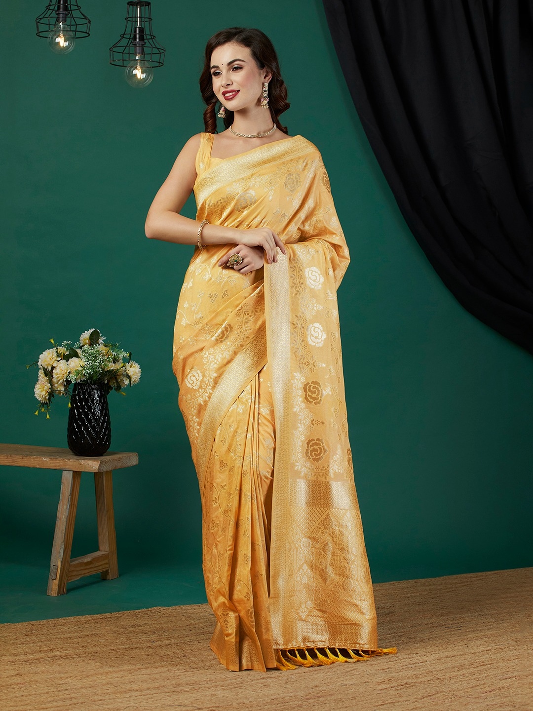 Yellow Floral Jari Weaving Crepe Silk Saree