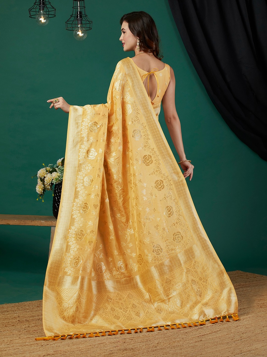Yellow Floral Jari Weaving Crepe Silk Saree — alternate view