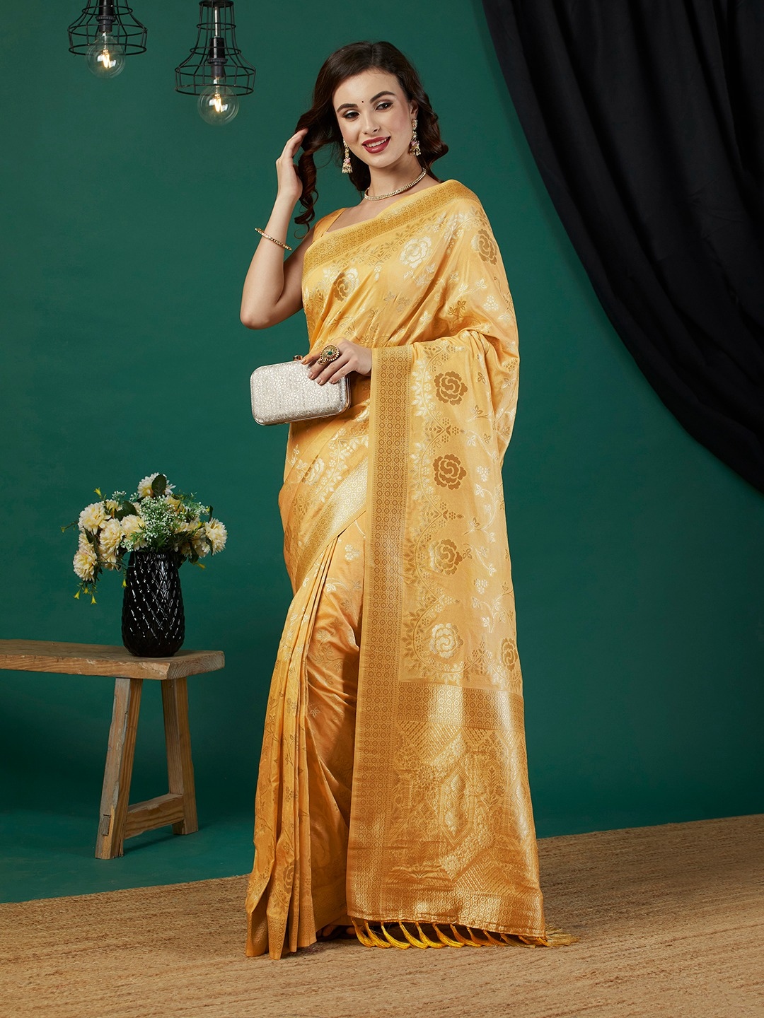 Yellow Floral Jari Weaving Crepe Silk Saree