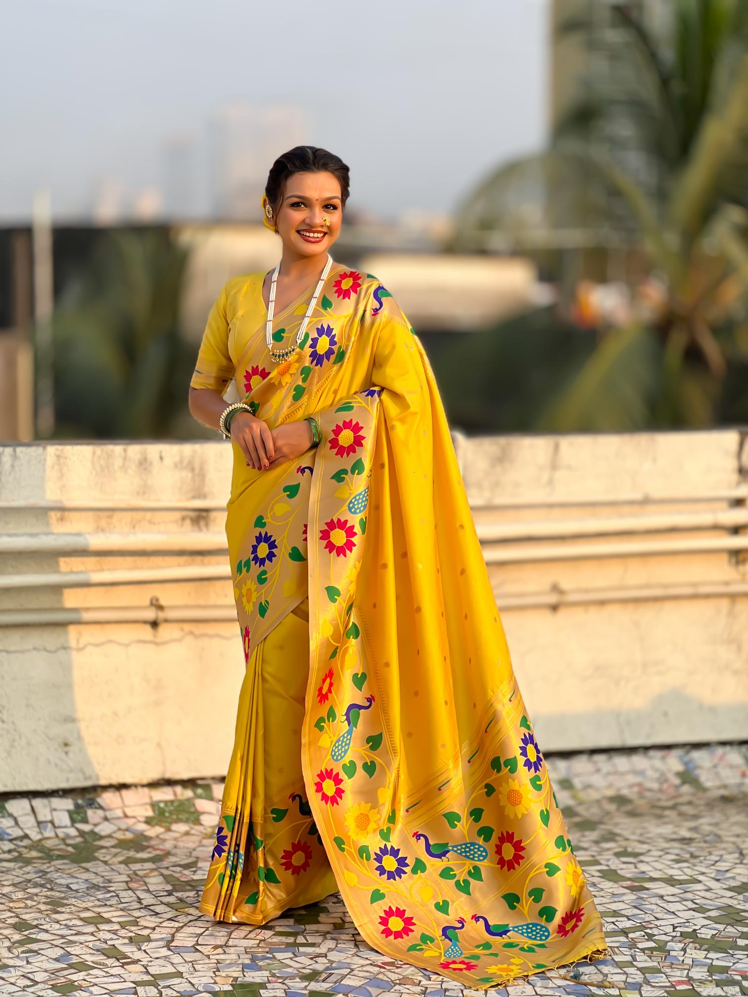 Yellow Floral N Peacock Motif Paithani Silk Saree