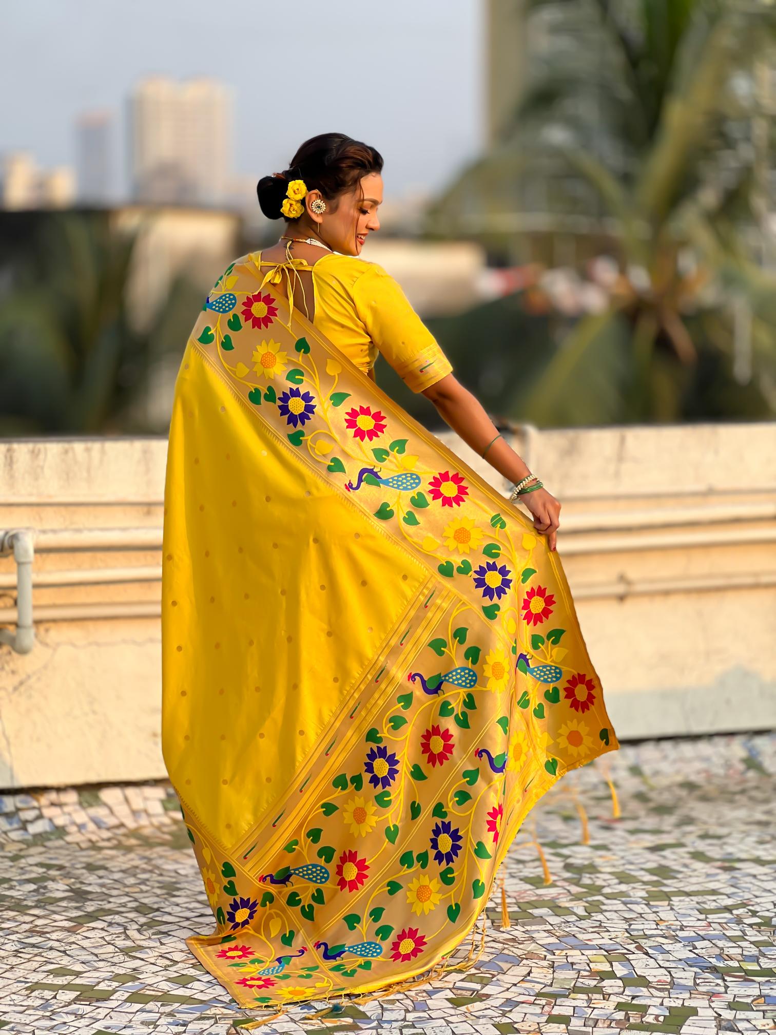 Yellow Floral N Peacock Motif Paithani Silk Saree — alternate view