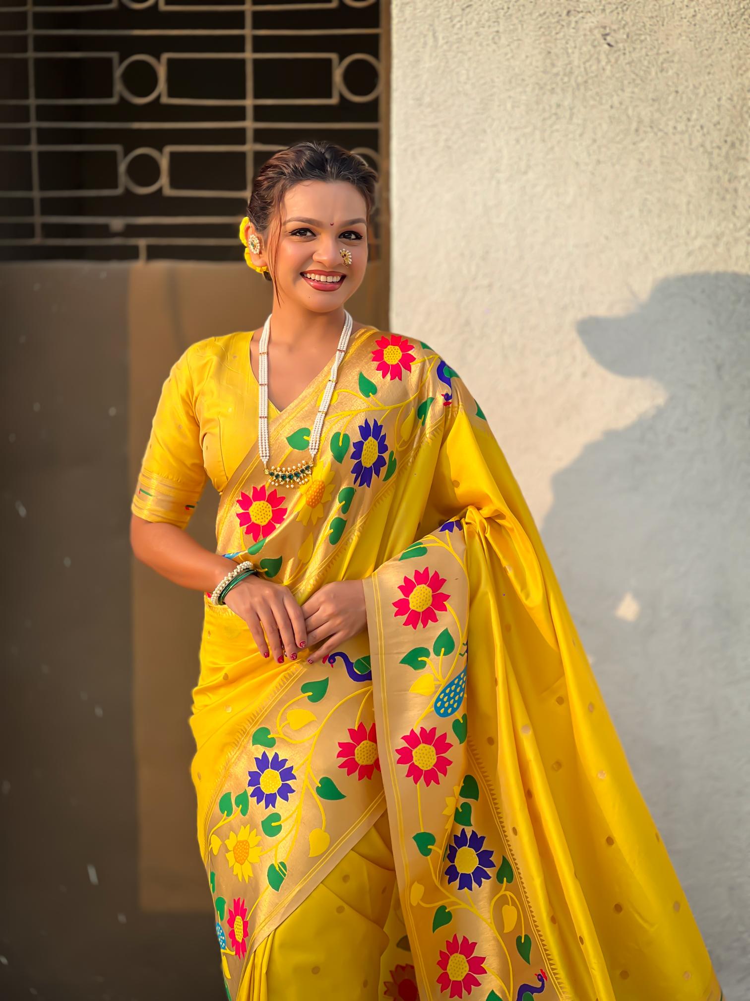 Yellow Floral N Peacock Motif Paithani Silk Saree