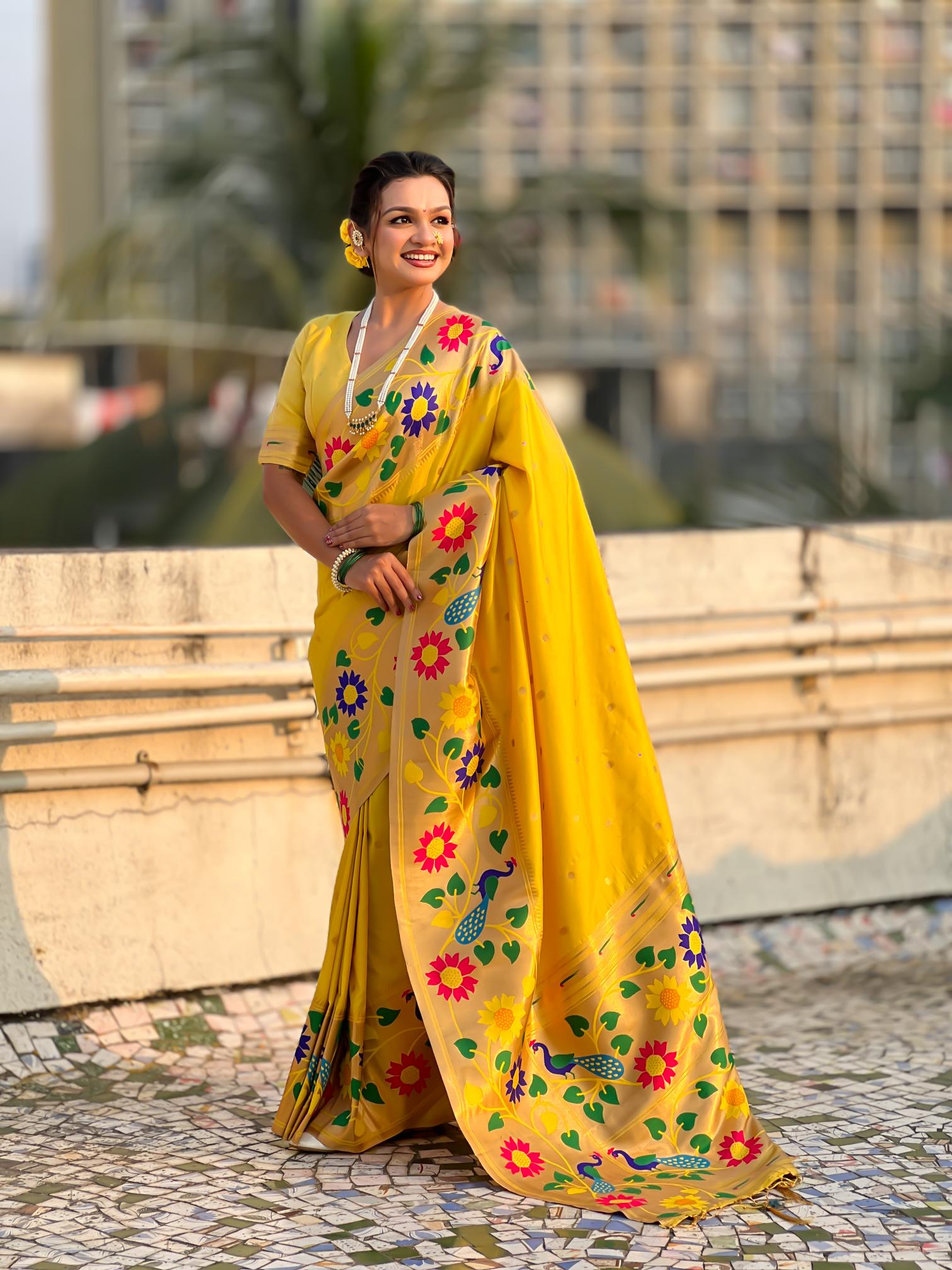 Yellow Floral N Peacock Motif Paithani Silk Saree
