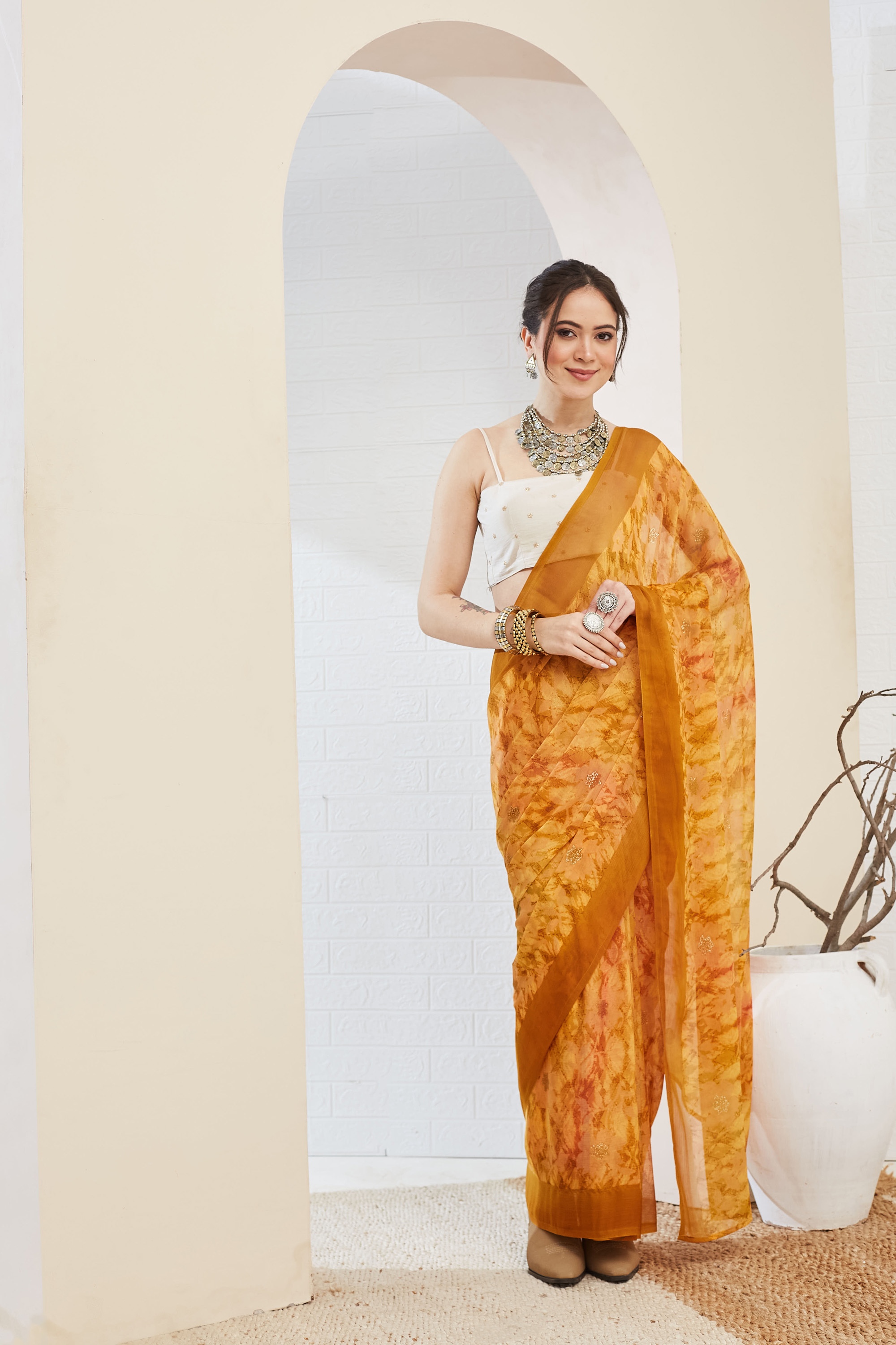 Yellow Floral Printed Chiffon Ready To Wear Saree