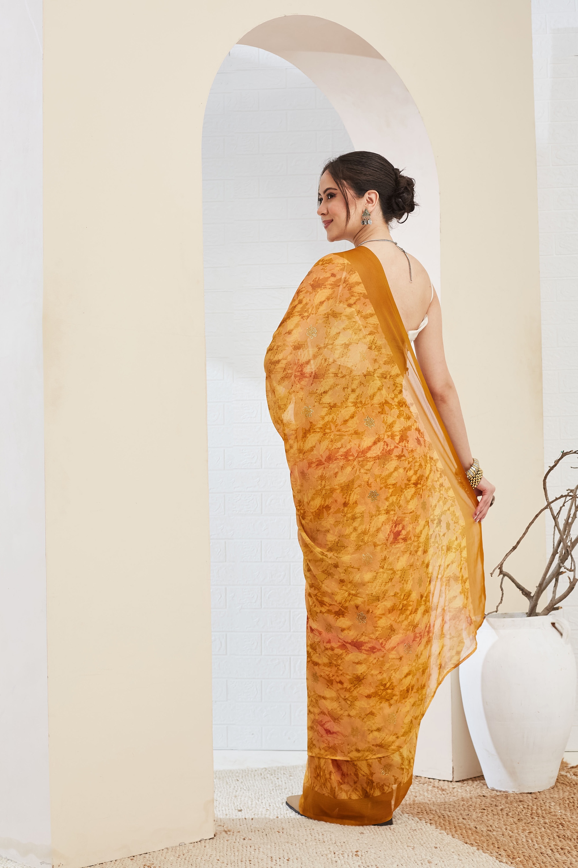 Yellow Floral Printed Chiffon Ready To Wear Saree — alternate view