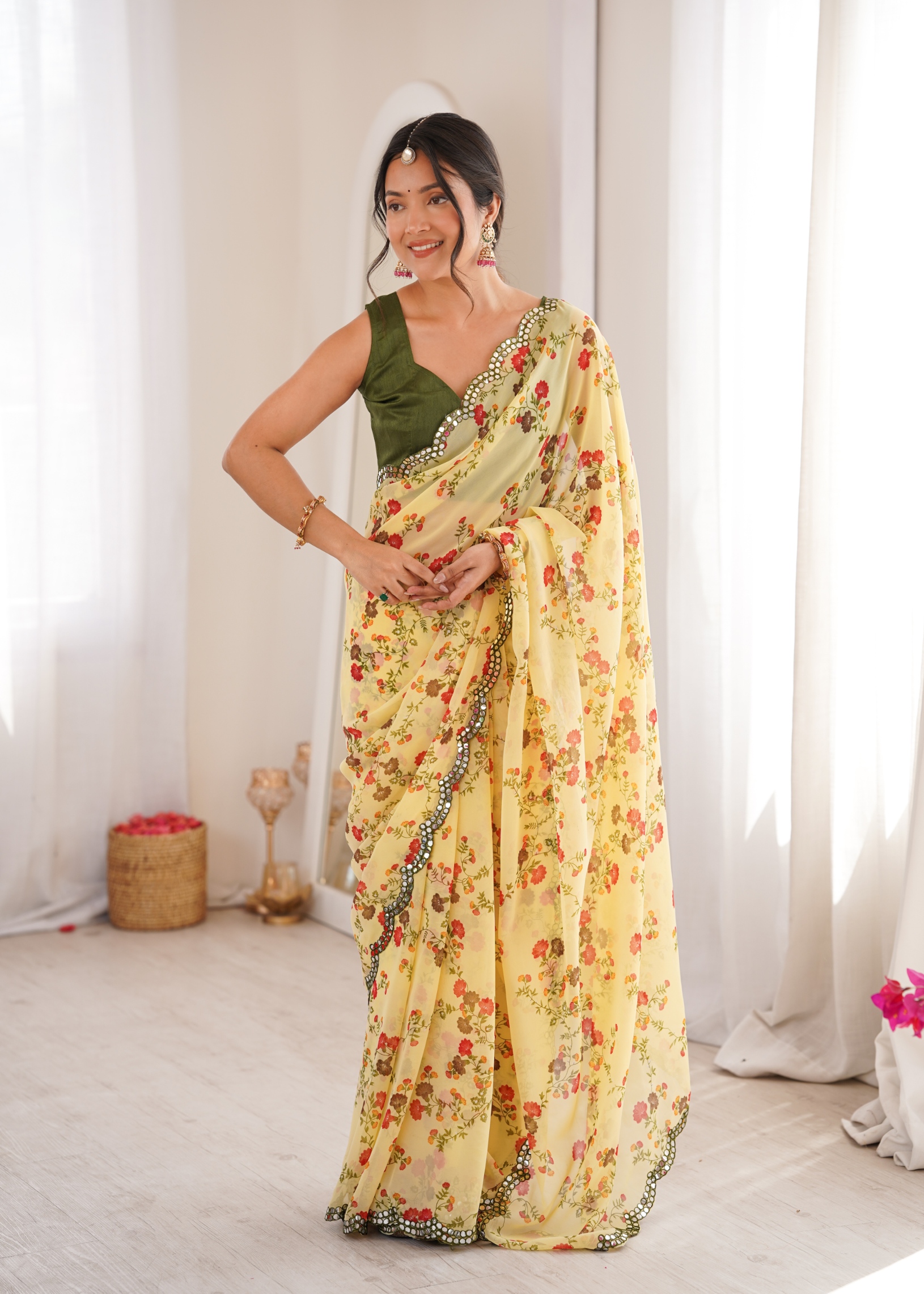 Yellow Floral Printed Georgette Party Saree
