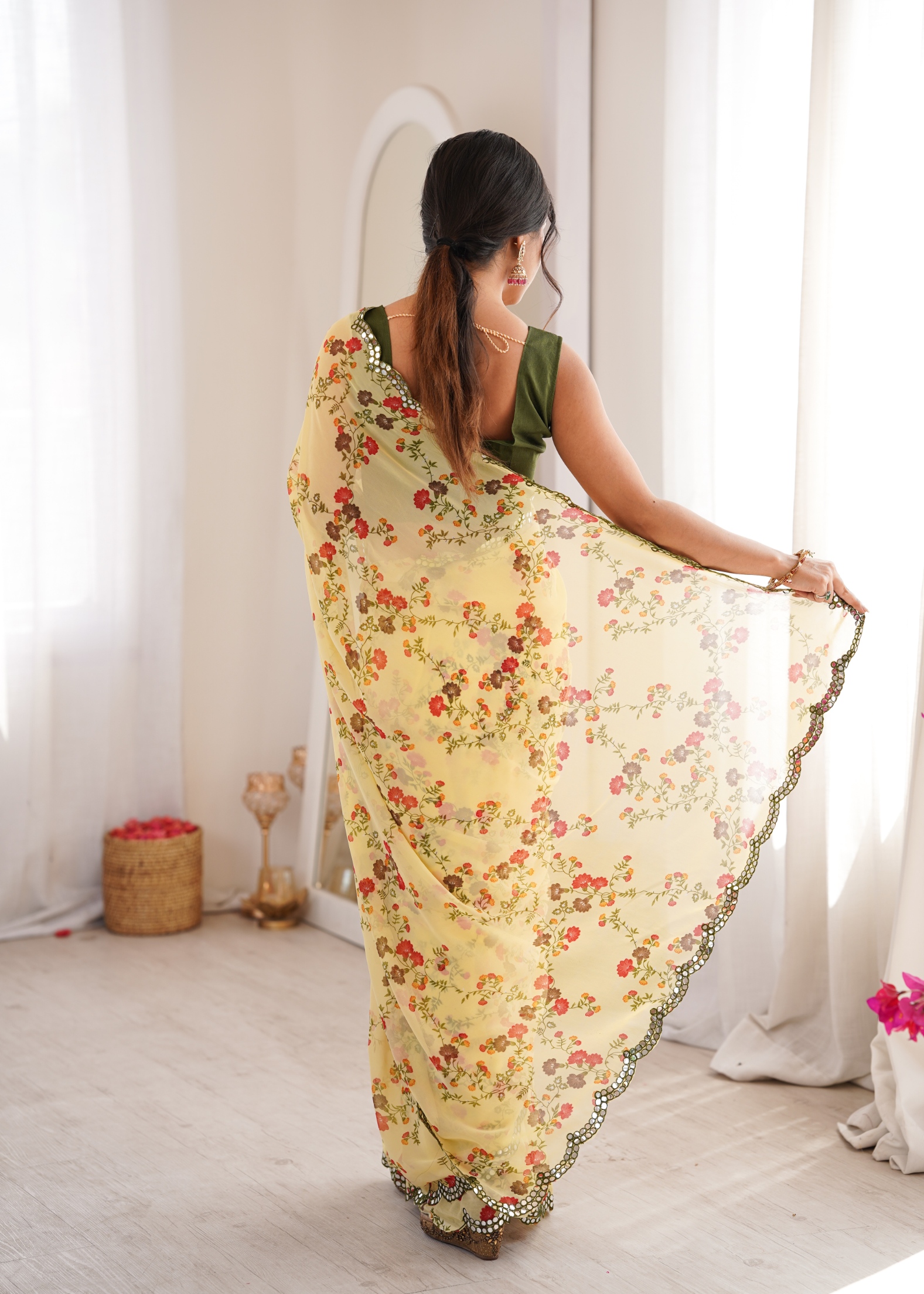 Yellow Floral Printed Georgette Party Saree — alternate view