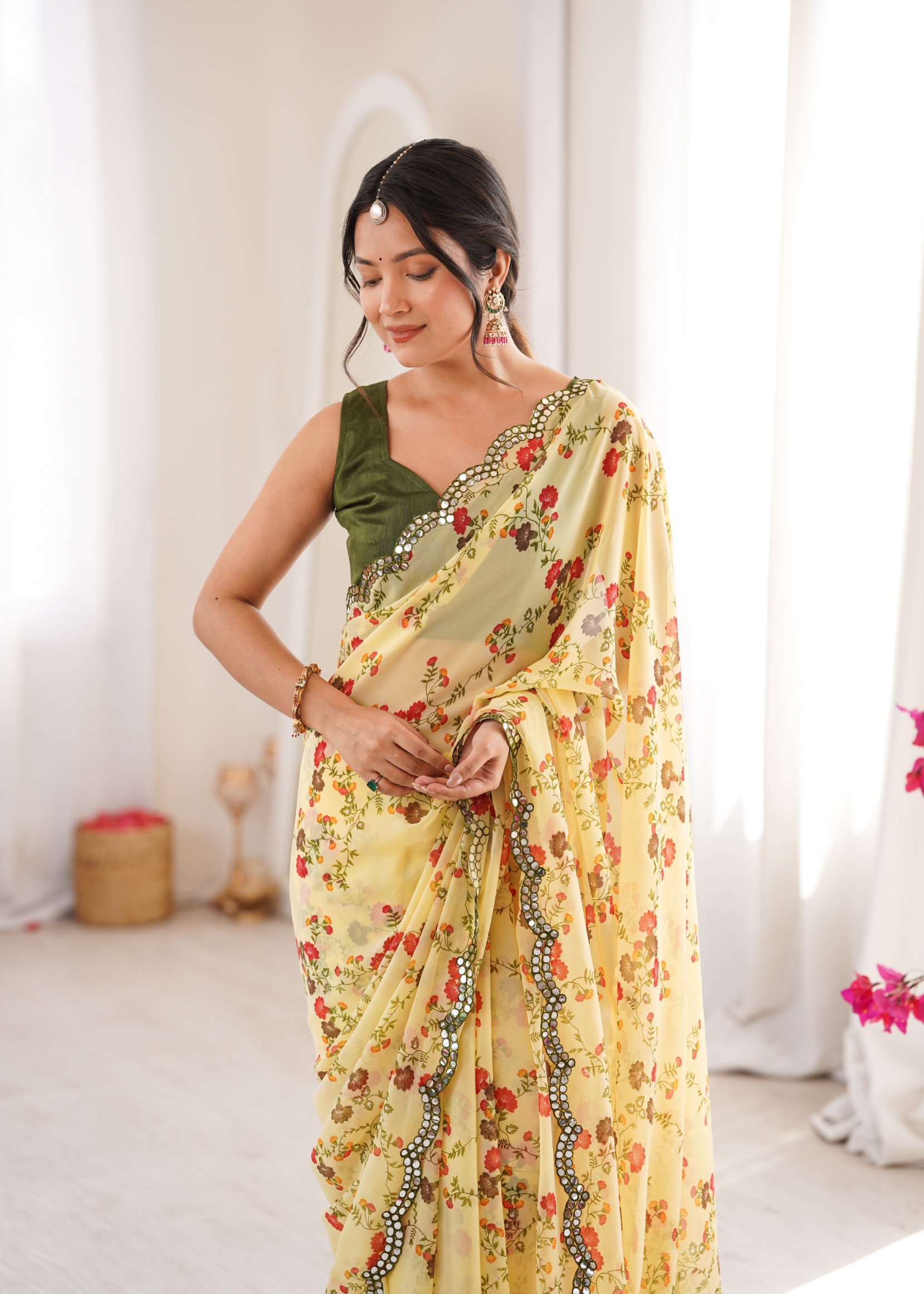 Yellow Floral Printed Georgette Party Saree
