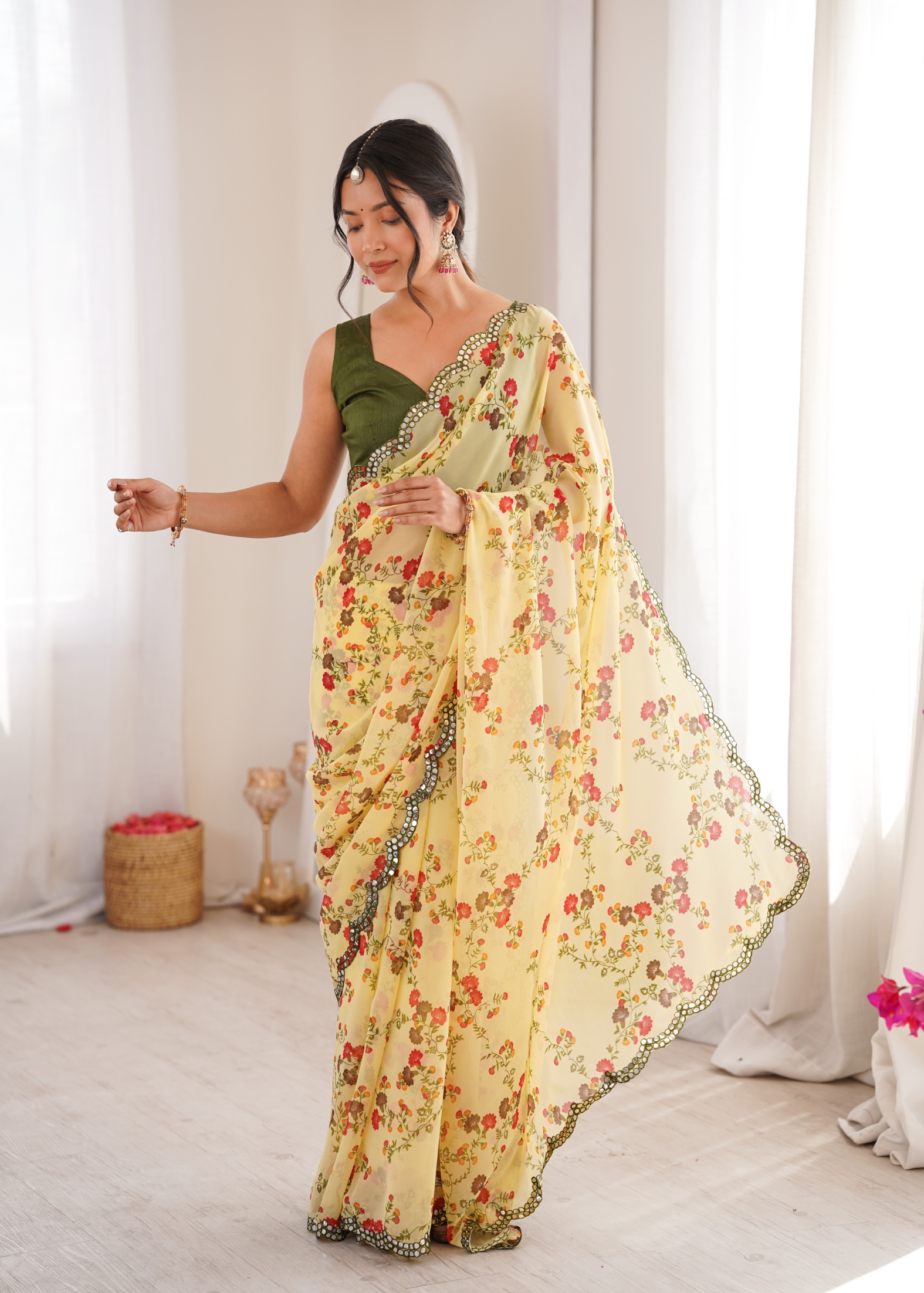 Yellow Floral Printed Georgette Party Saree