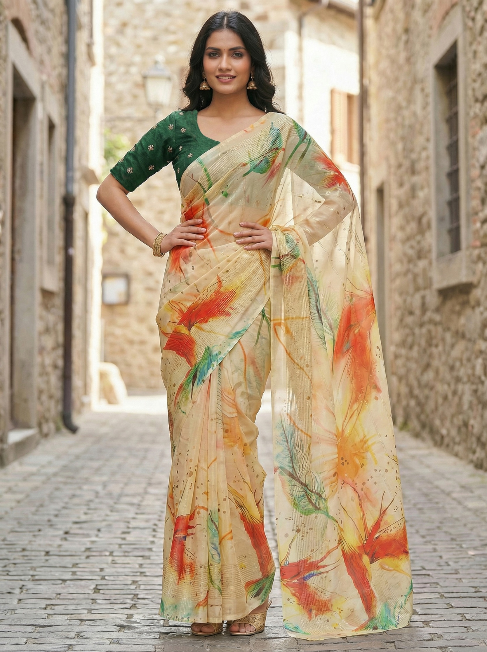 Yellow Floral Printed Organza Saree
