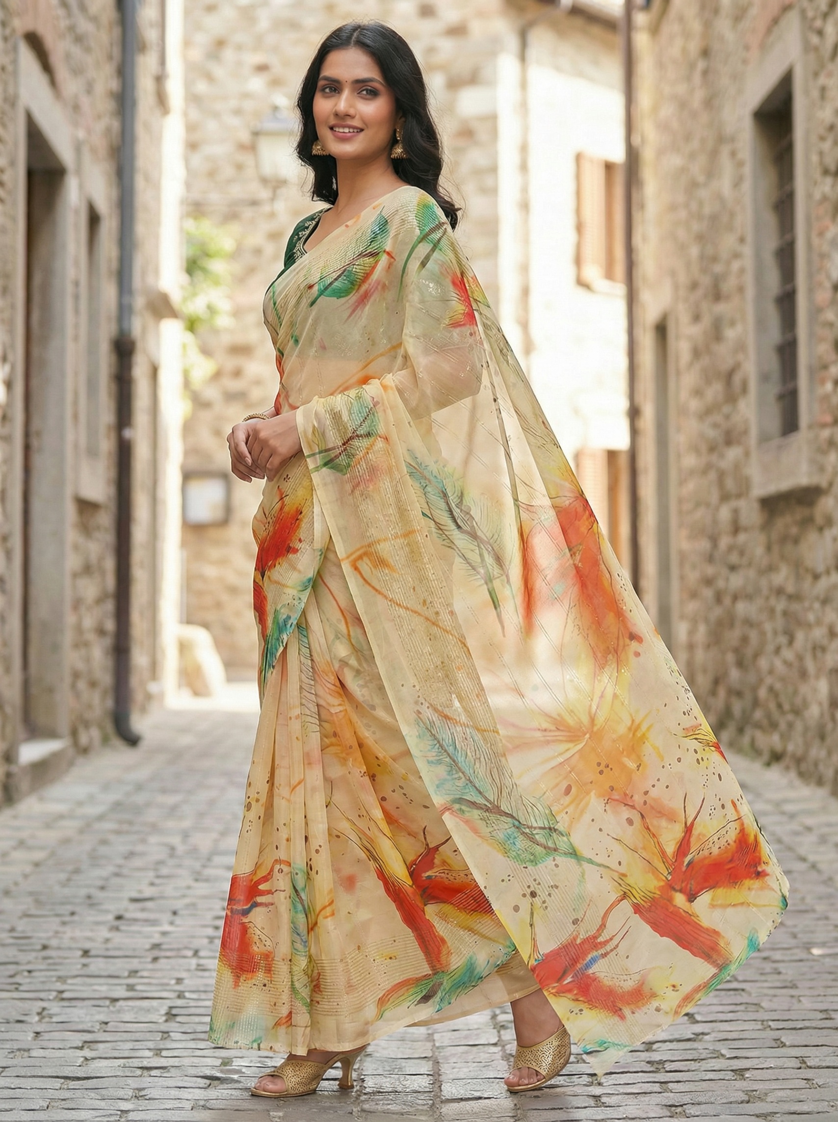 Yellow Floral Printed Organza Saree — alternate view