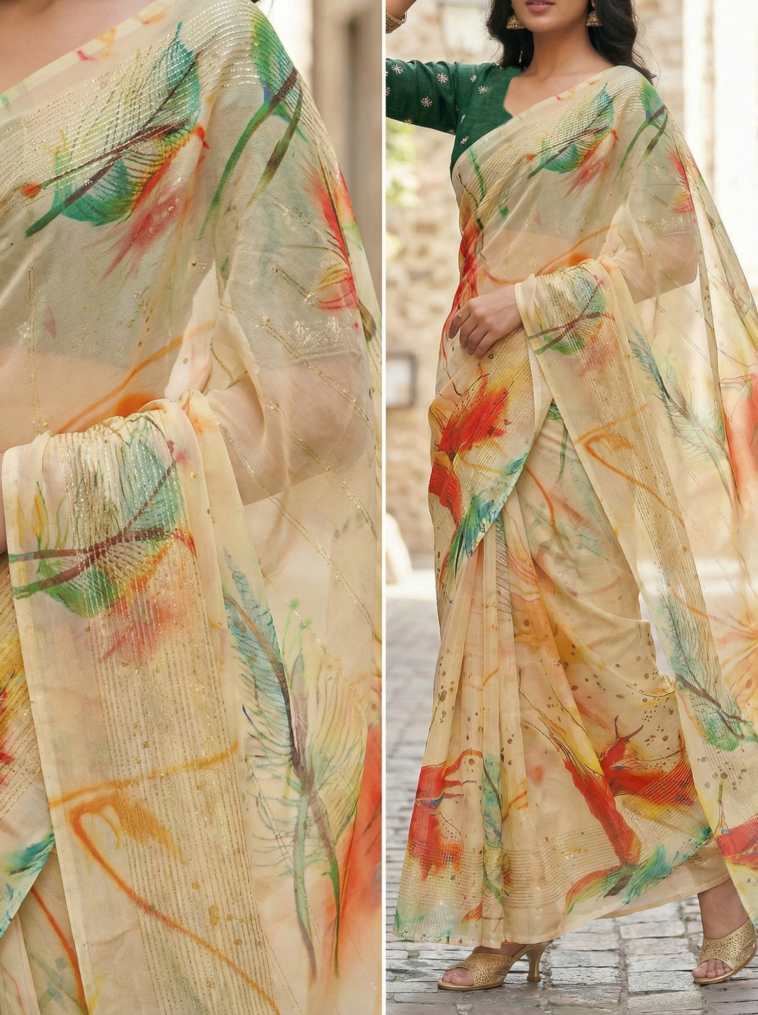 Yellow Floral Printed Organza Saree